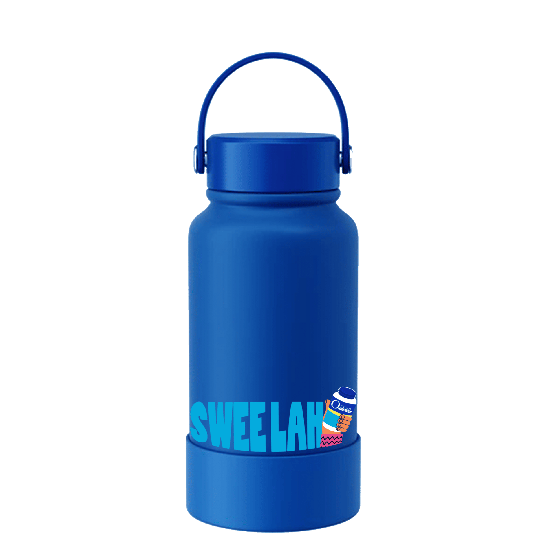 Blue water bottle with "SWEE LAH" text and "Ocean Health" graphic.