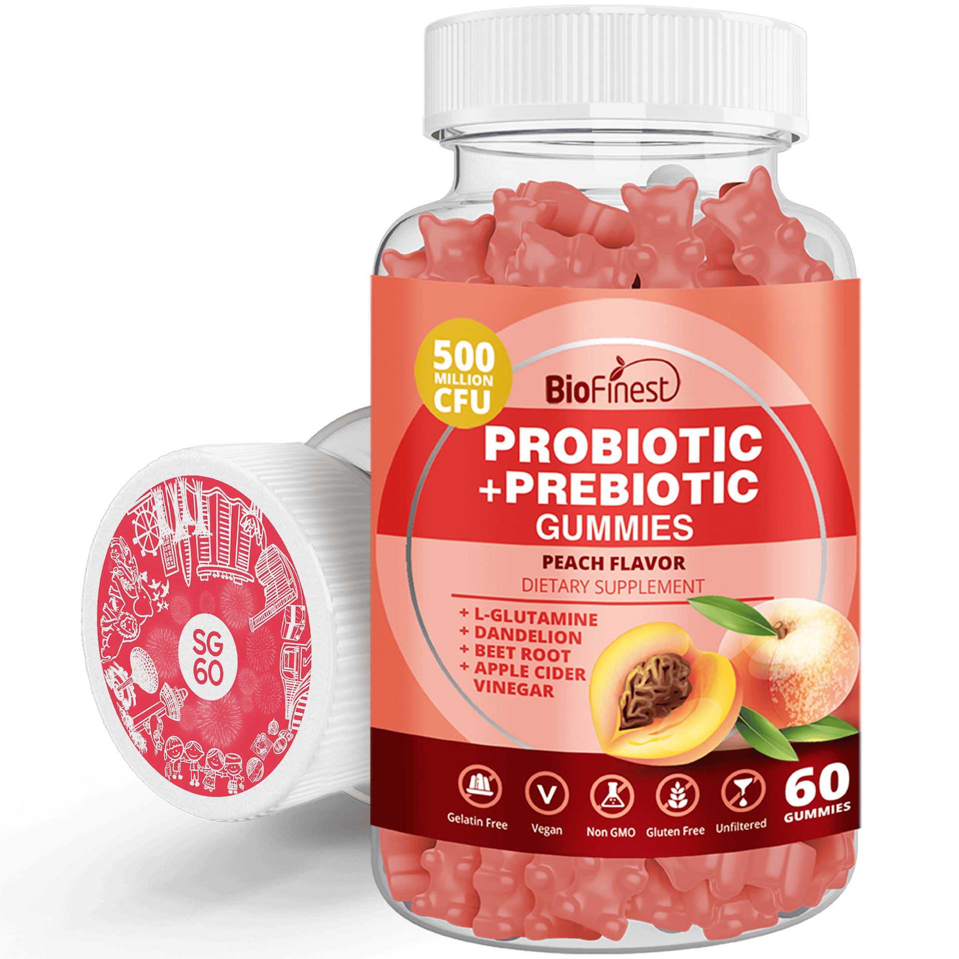 A BioFinest bottle of 500M CFU Probiotic + Prebiotic peach gummies (60 count) with a roll.