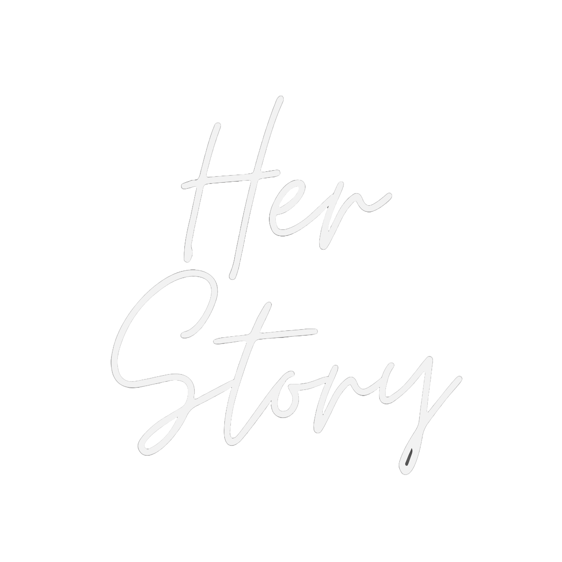 White cursive text "Her Story" on a dark green background, representing personal narratives.