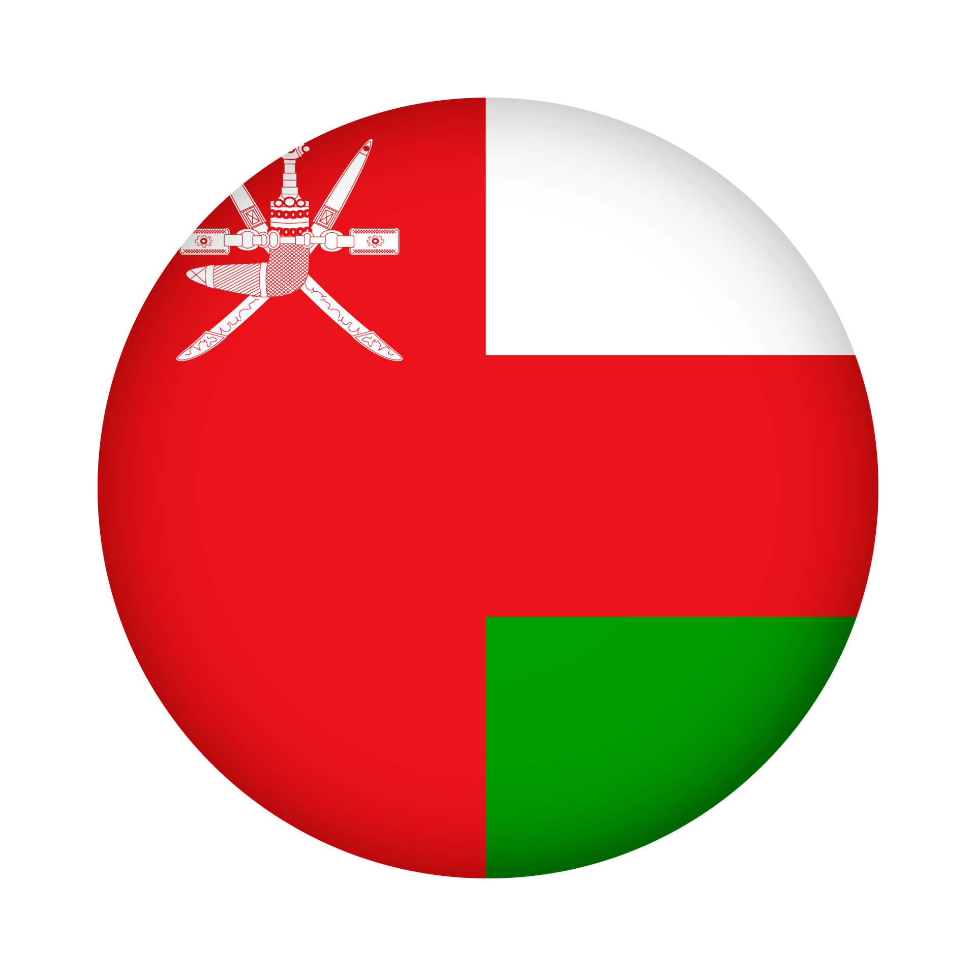 Circular flag of Oman on a dark green background, featuring its red, white, and green stripes and national emblem.