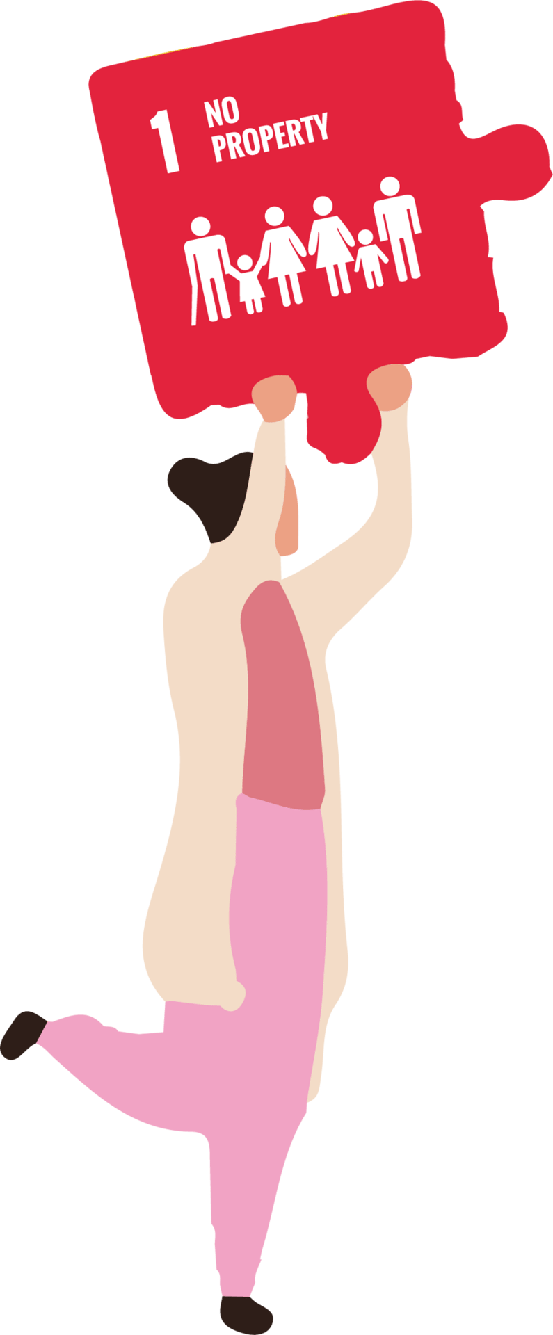 A person holds a red puzzle piece with "1 NO PROPERTY" and a family icon on it.