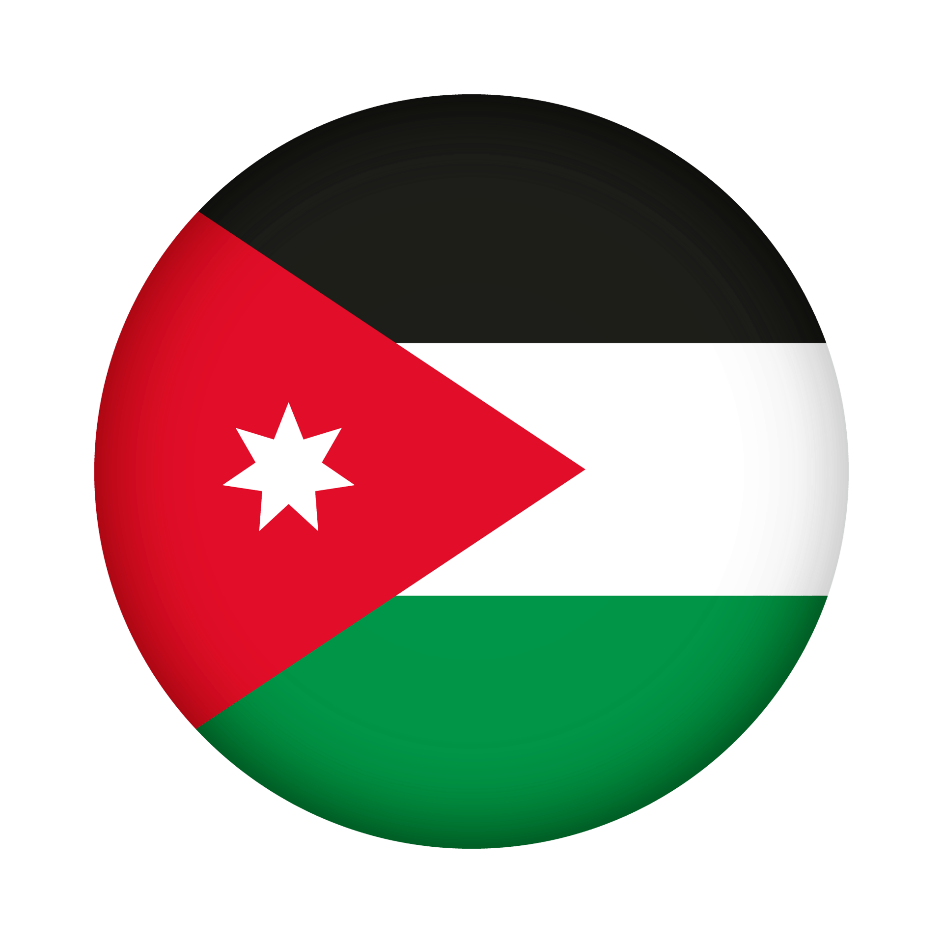 A round button displaying the flag of Jordan, featuring horizontal stripes of black, white, and green, with a red triangle on the hoist side containing a white seven-pointed star.