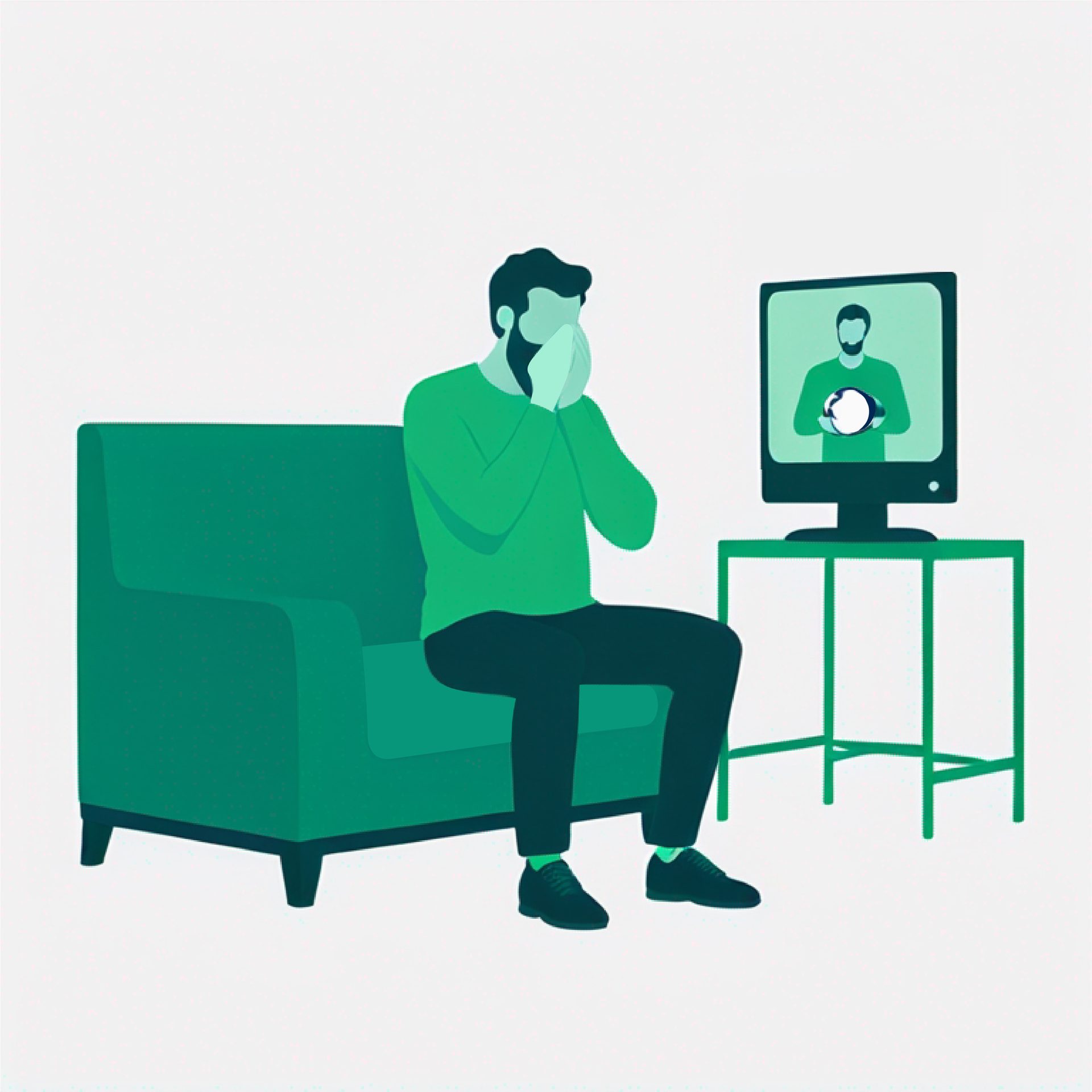 A man covers his face on a couch while watching a TV displaying another man holding a globe.