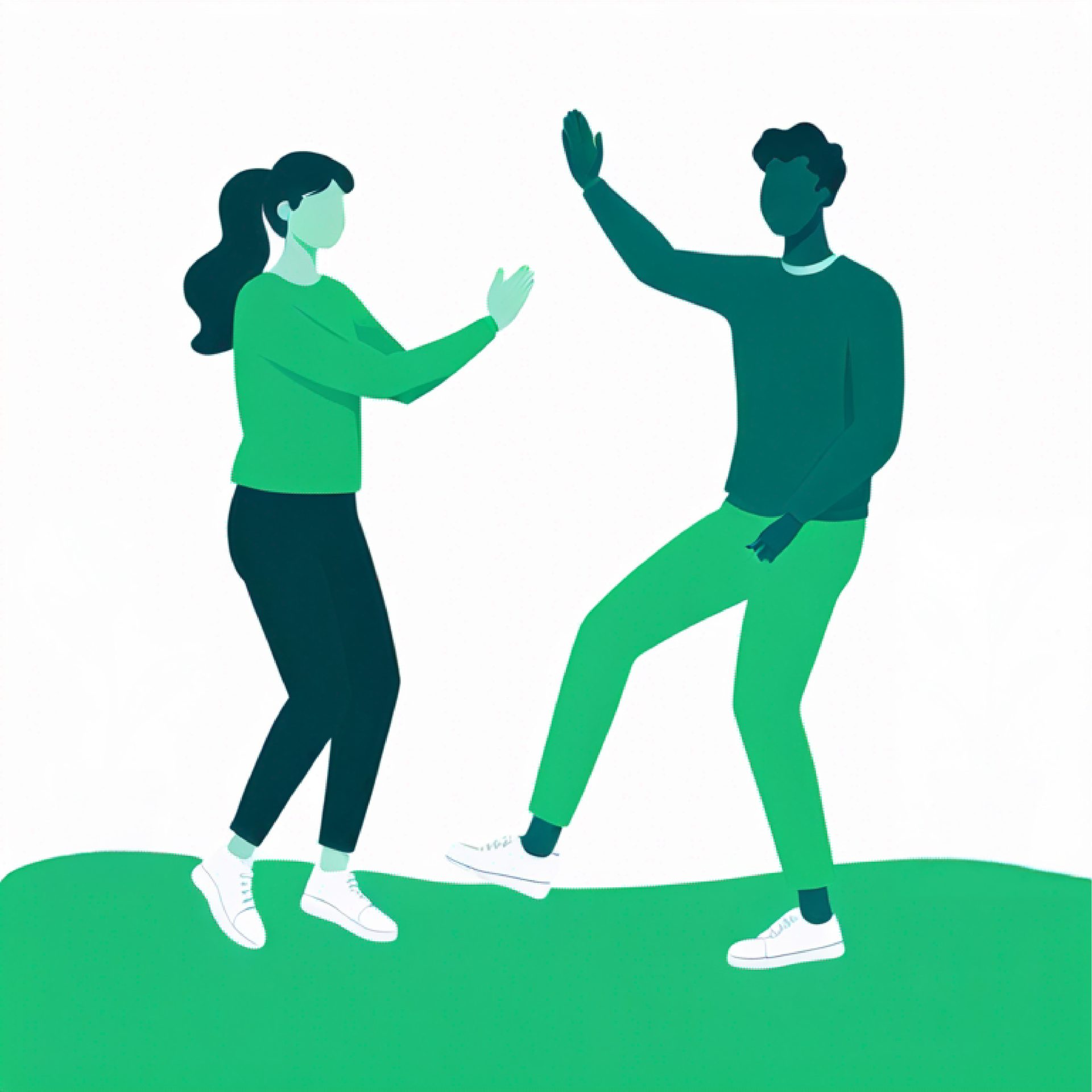 Two stylized people in green high-fiving or dancing on a green and white background.