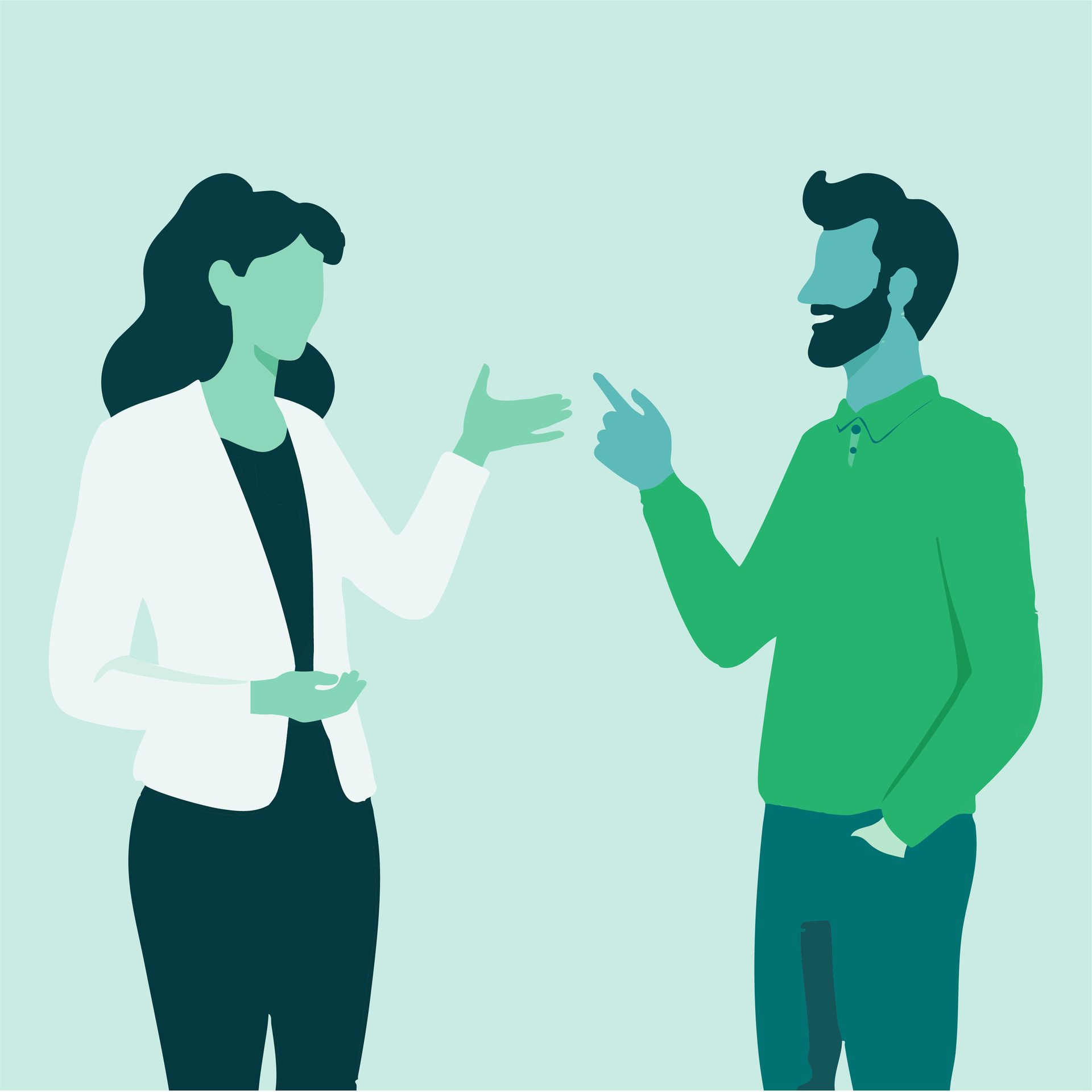 Flat illustration of a woman and man talking and gesturing.
