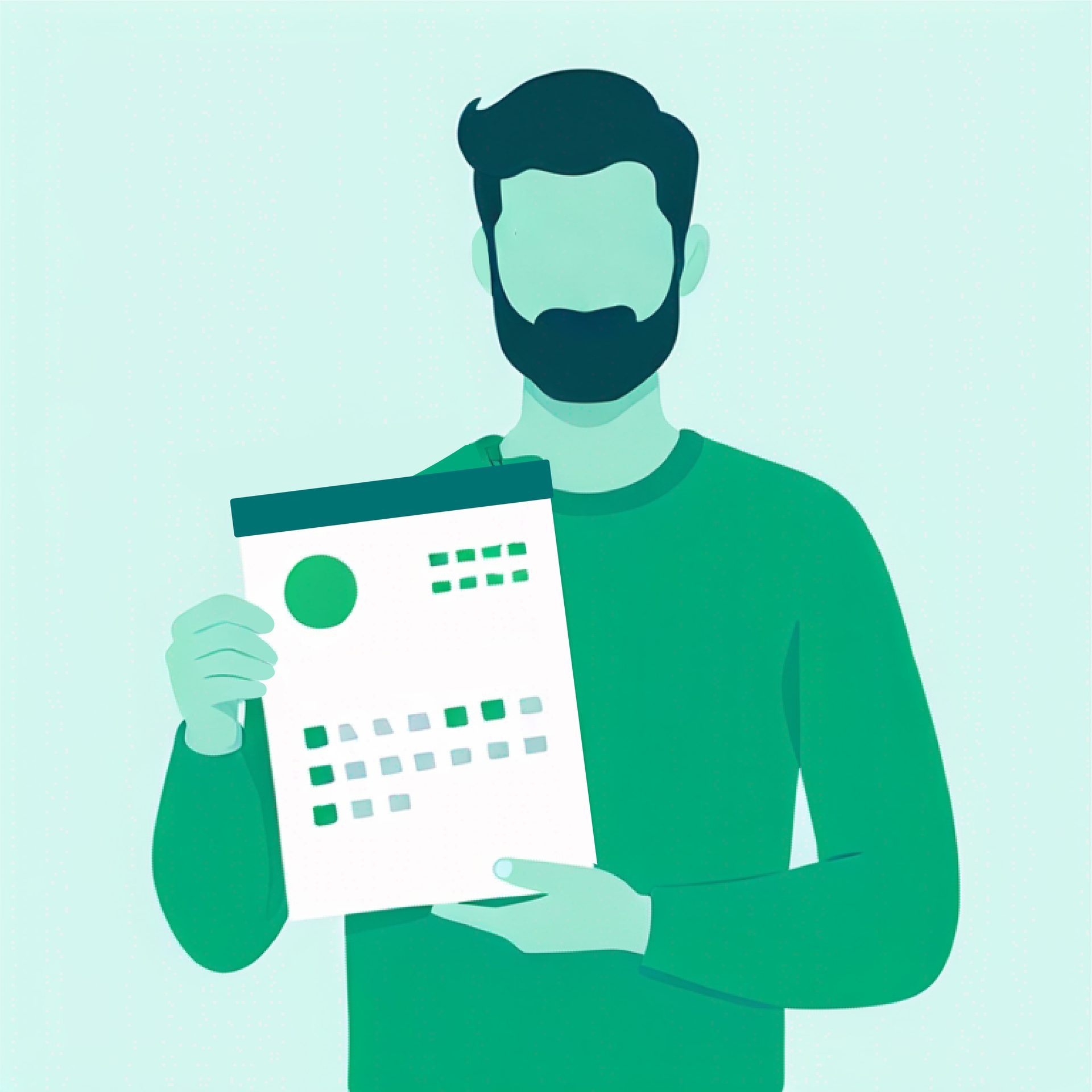 A bearded man in a green shirt holds up a calendar.