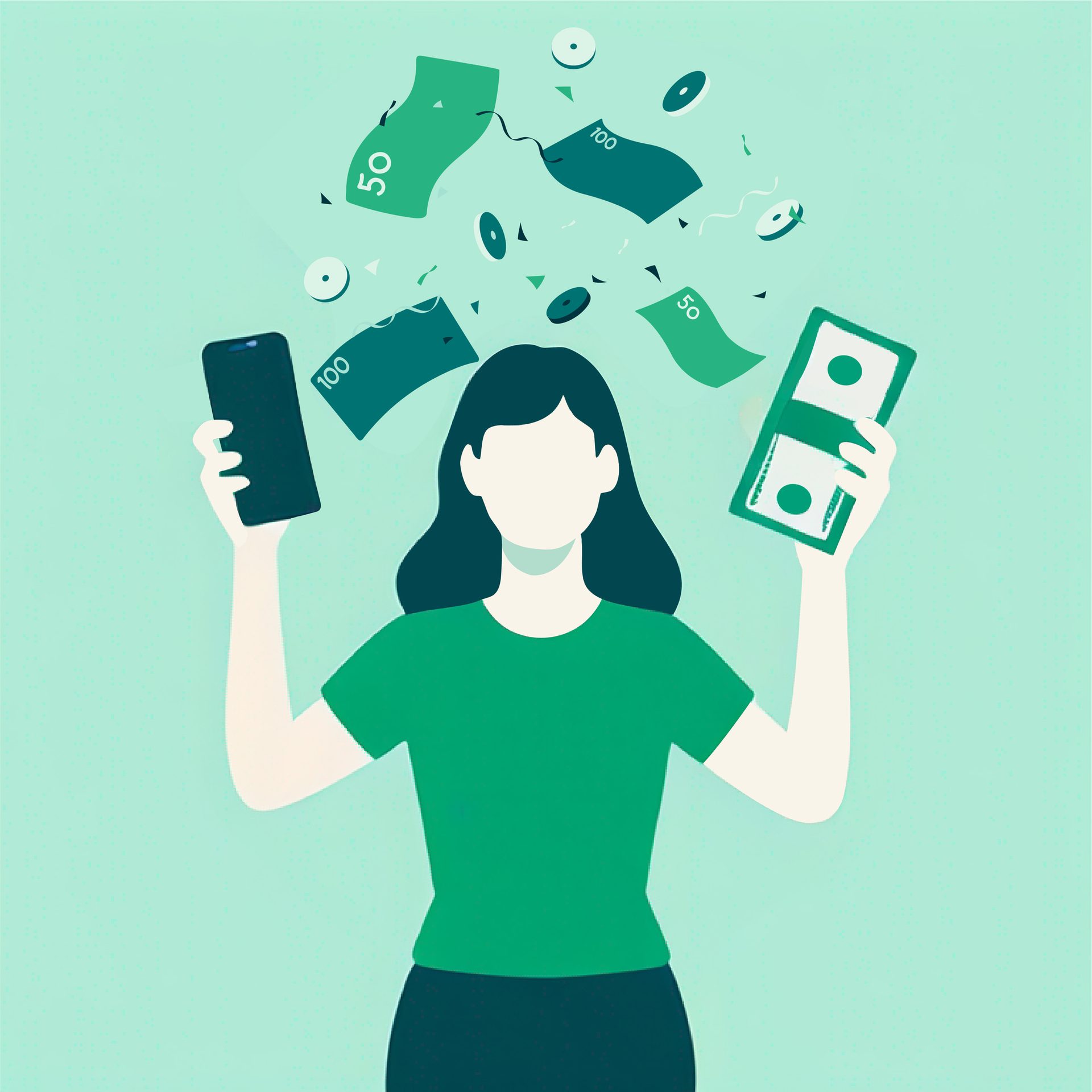 Illustration: Person holding phone and cash, with money and coins raining down. Financial concept.