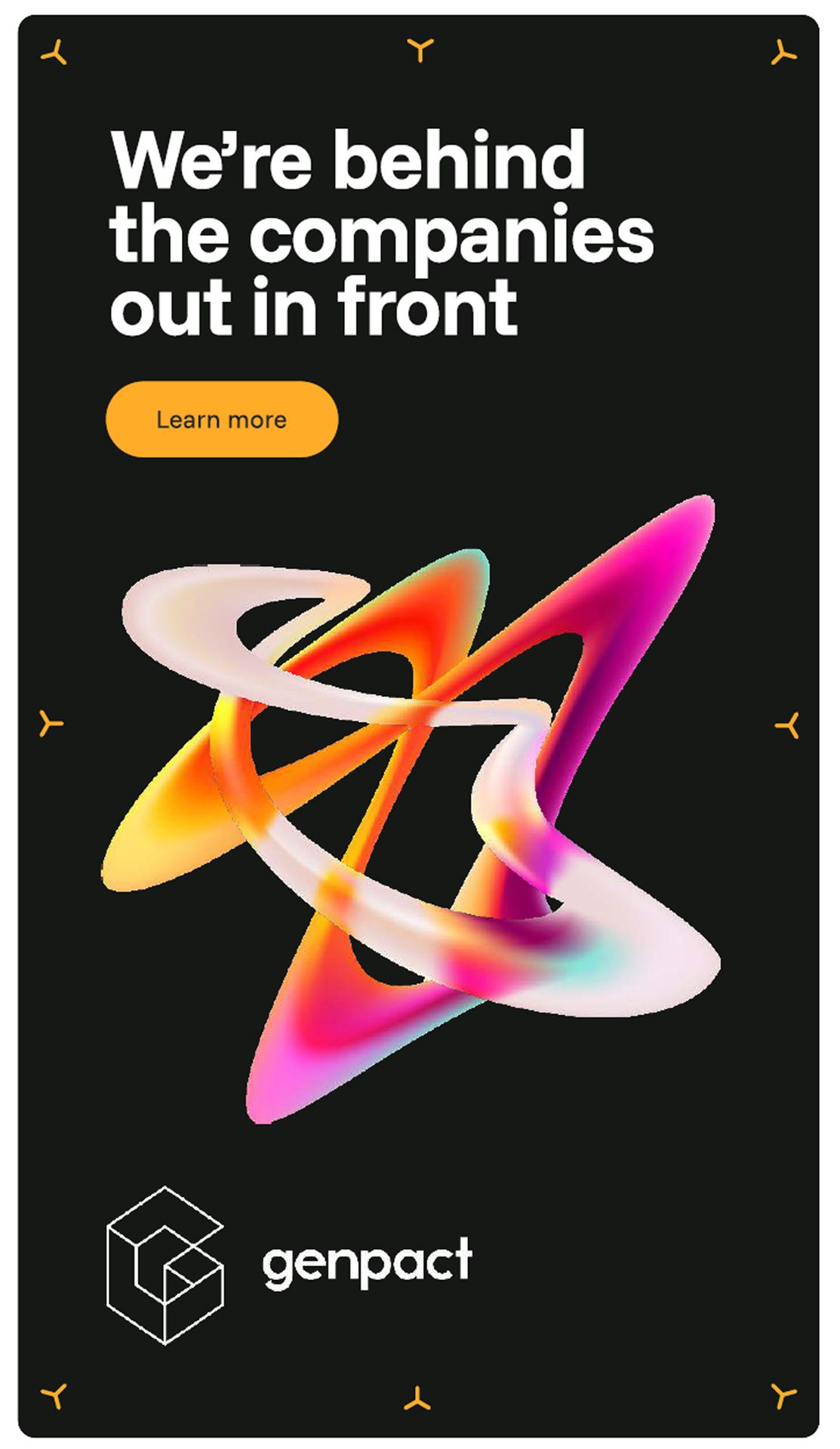Genpact ad: "We're behind the companies out in front" with colorful abstract art and logo.