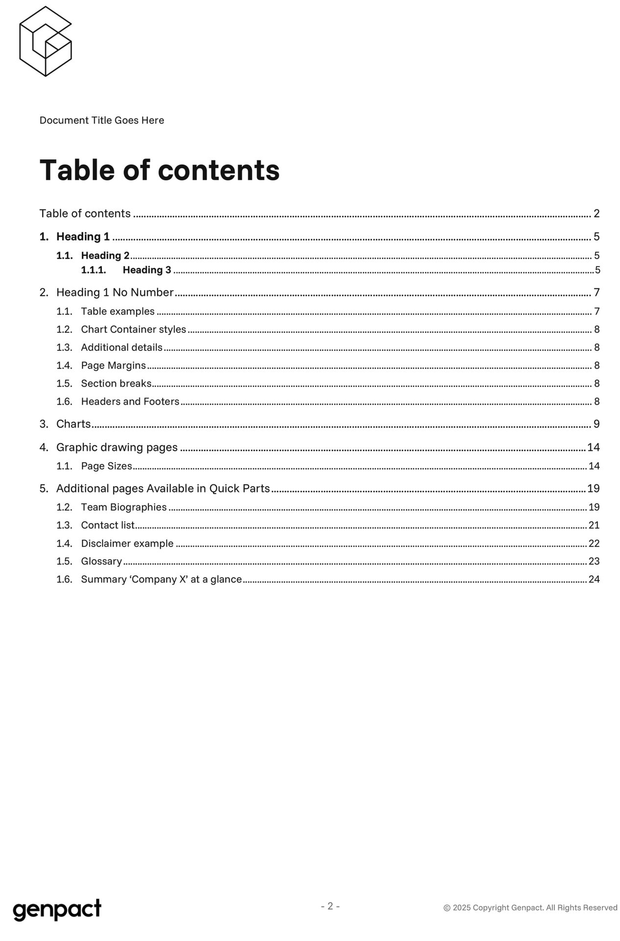 Table of contents page from a document, featuring sections, page numbers, Genpact logo, and copyright.