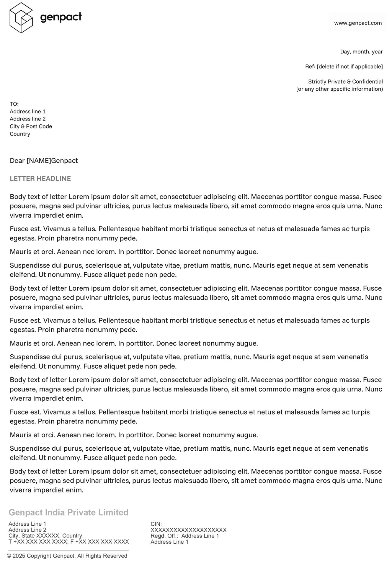 Genpact business letter template with logo, address, and lorem ipsum content.
