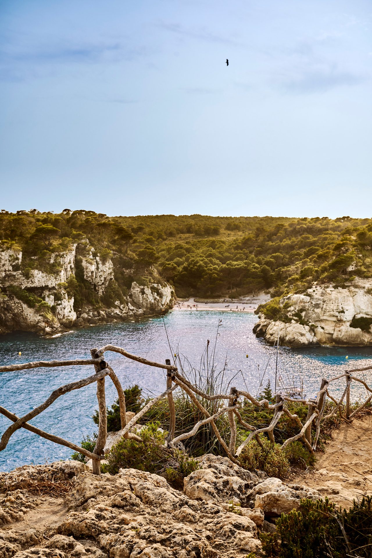 Scenic bay with beach, cliffs, and green hills, viewed through a rustic wooden fence. A bird soars.