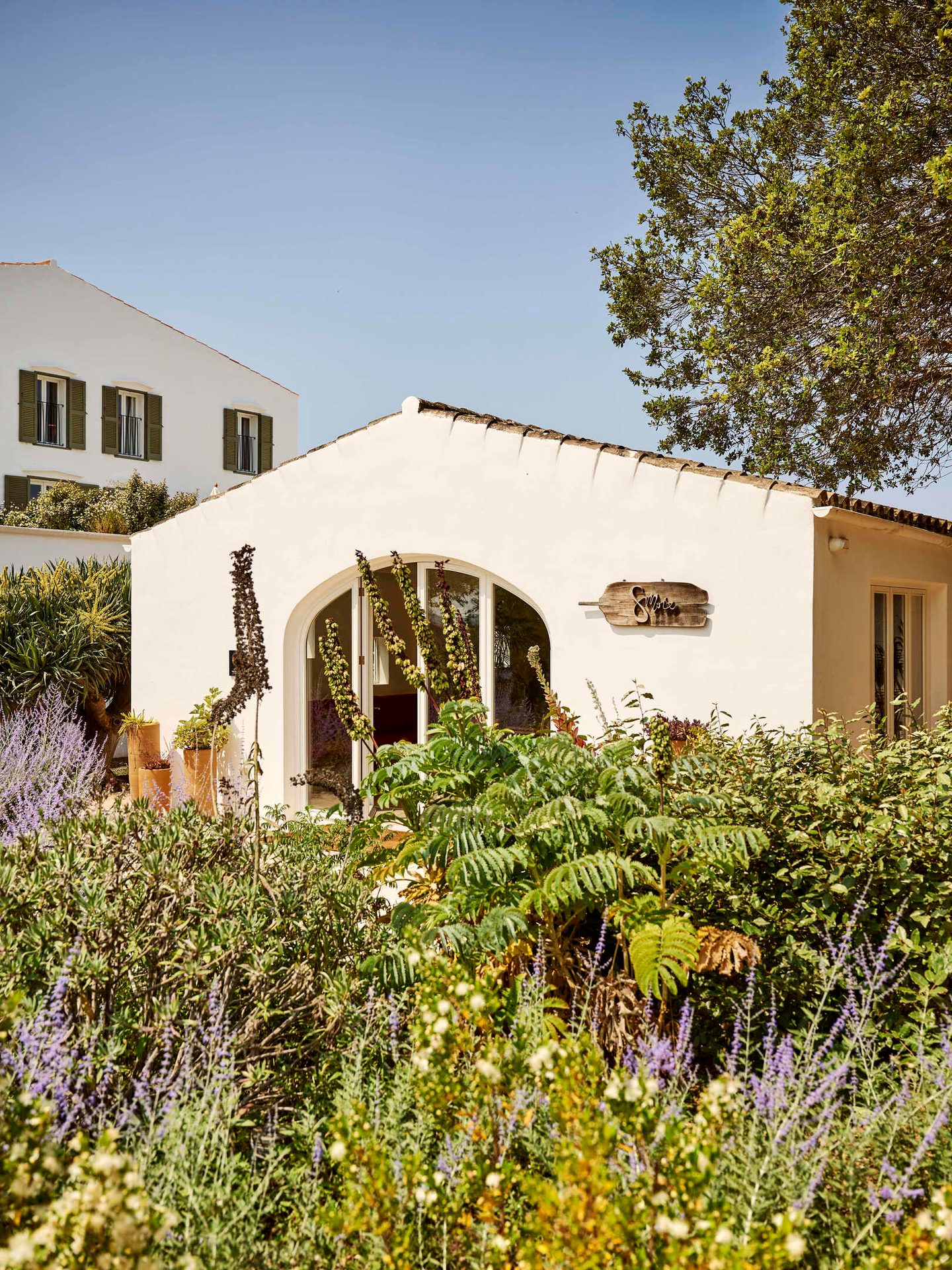 A charming white cottage with an arched window, set in a lush garden with purple flowers.