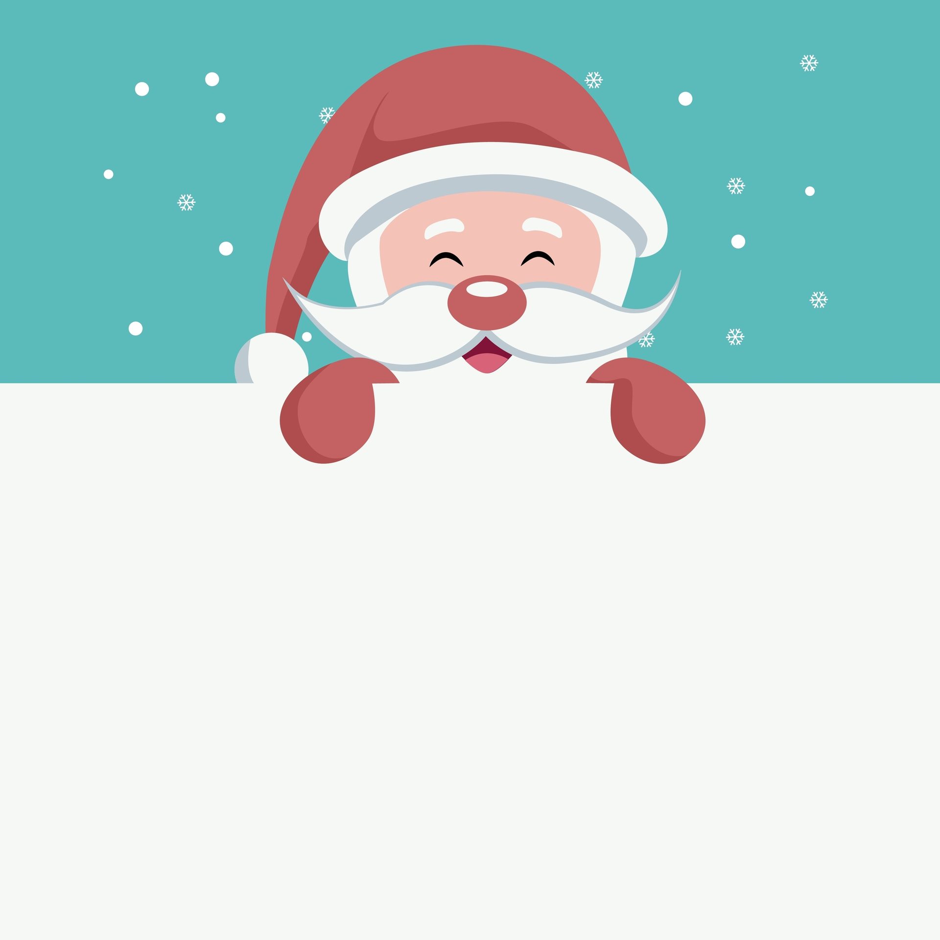 Happy Santa Claus peeking over a blank white sign with a snowy teal background.