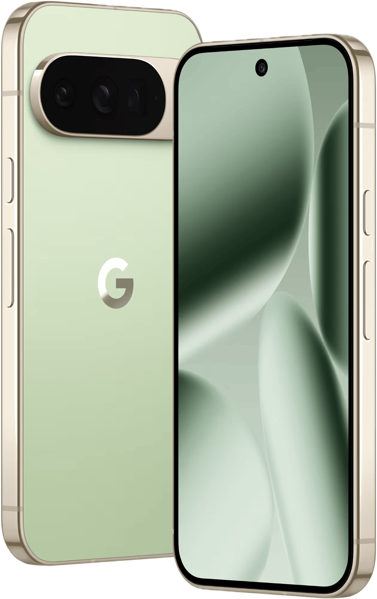 Two light green Google Pixel phones with gold frames, one showing its camera bar and the other its screen.