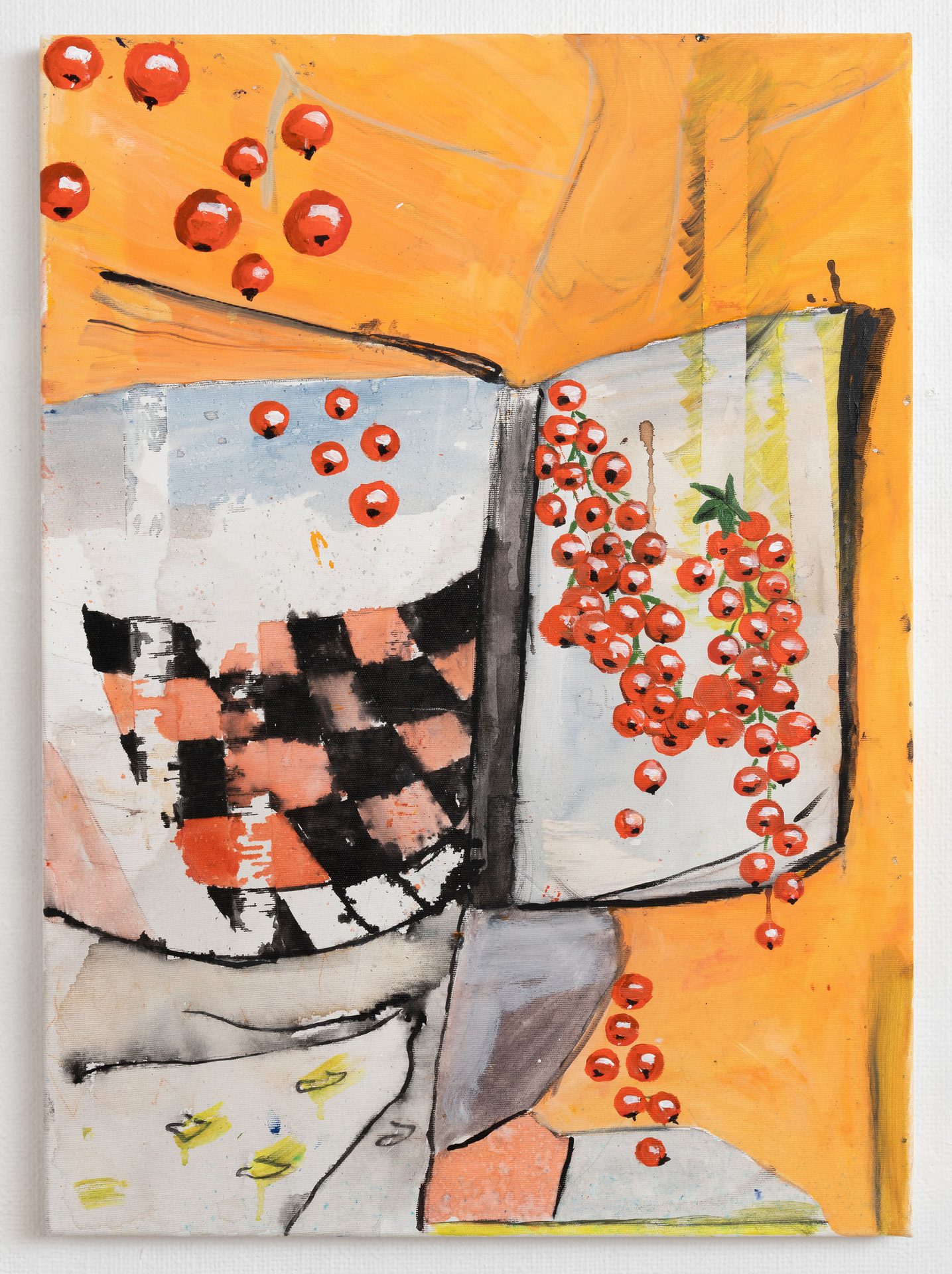 Abstract painting of an open book with red currants and a checkered pattern, set against a vibrant orange background.