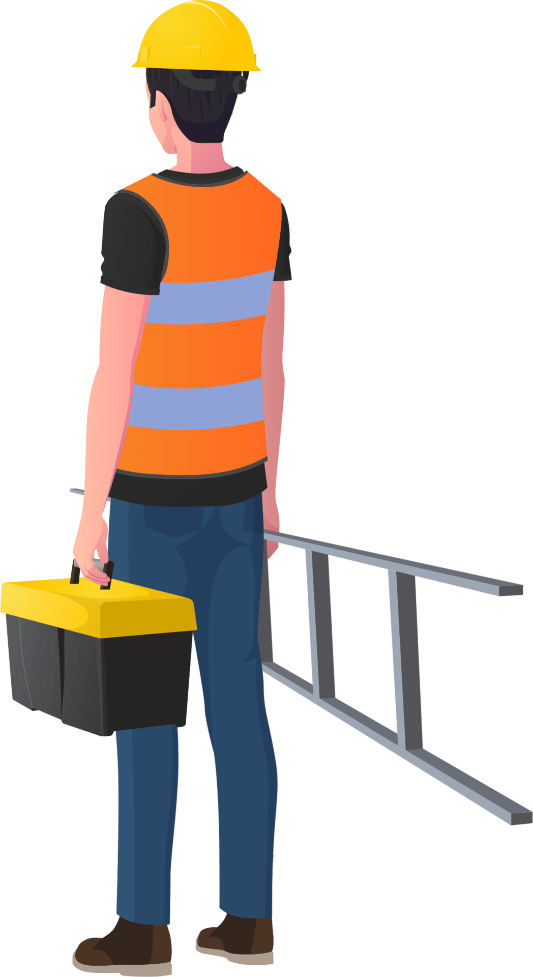 construction worker looking into distance while holding ladder and tool box