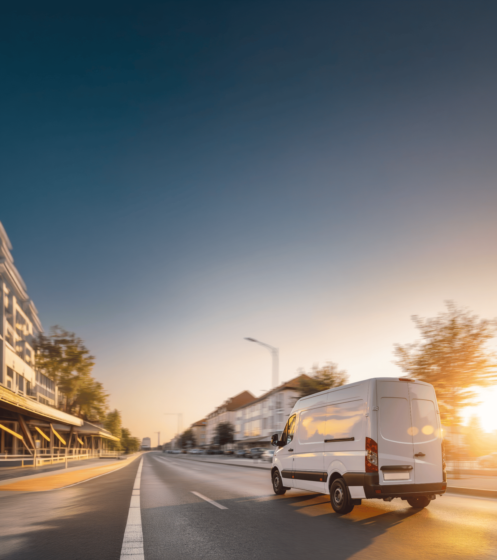 White delivery van driving on a city road at sunset, with buildings lining the street.