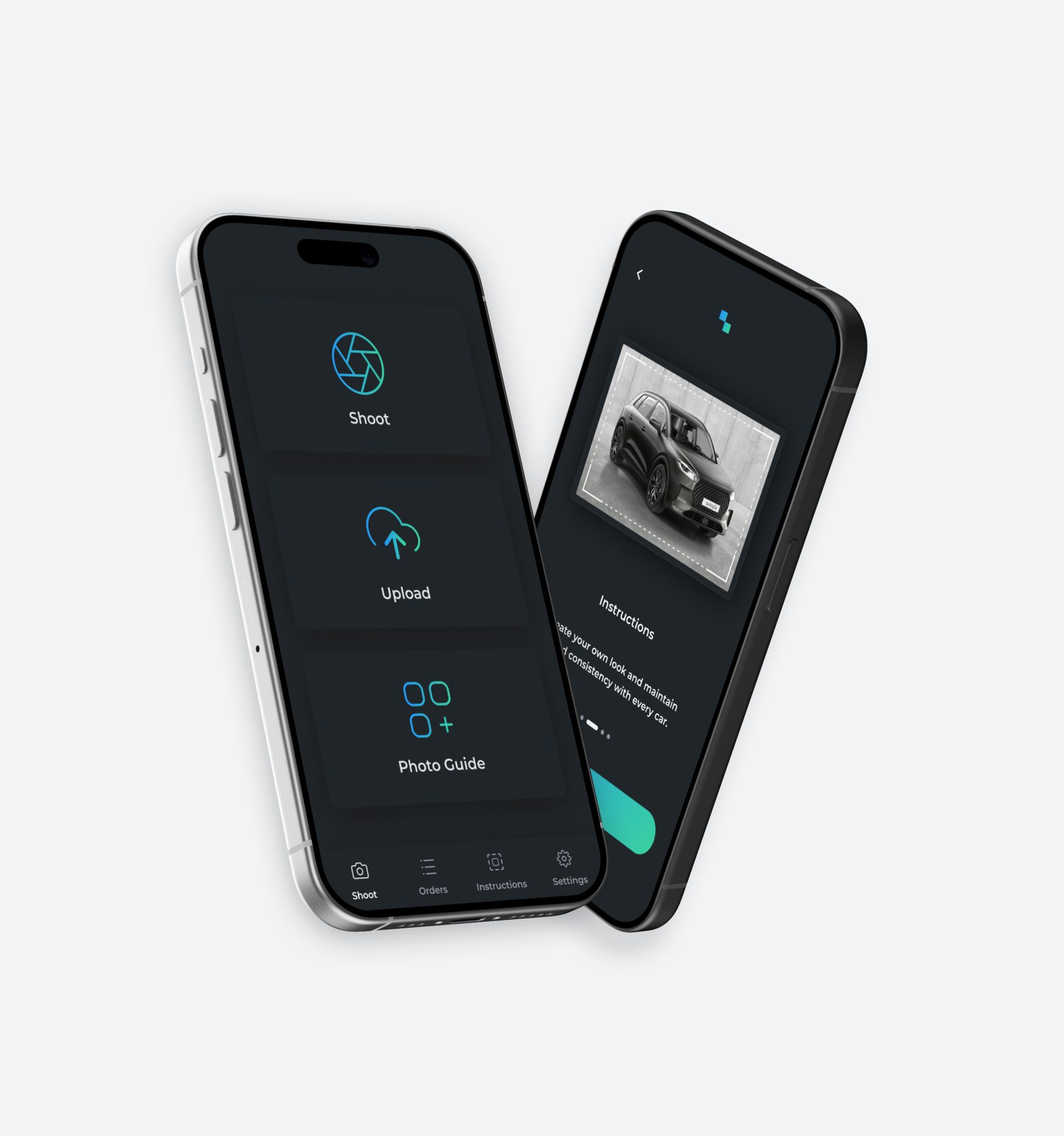 Two smartphones display a mobile app for car photography, with options to shoot, upload, and instructions.