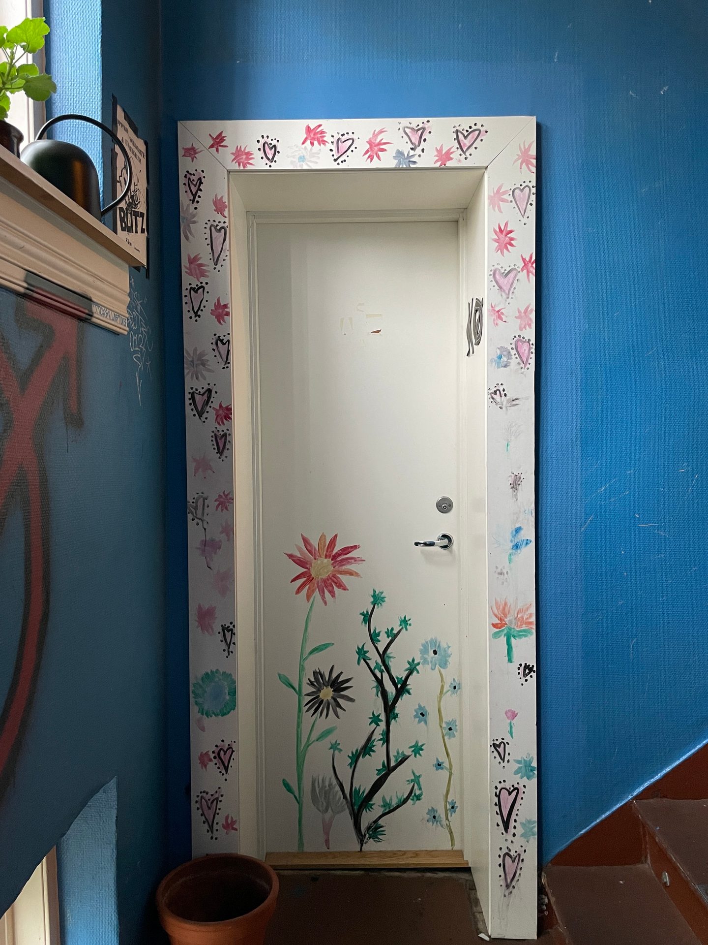 Interior design, Azure, Plant, Paint, Wood, Textile, Rectangle, Art, Door, Wall