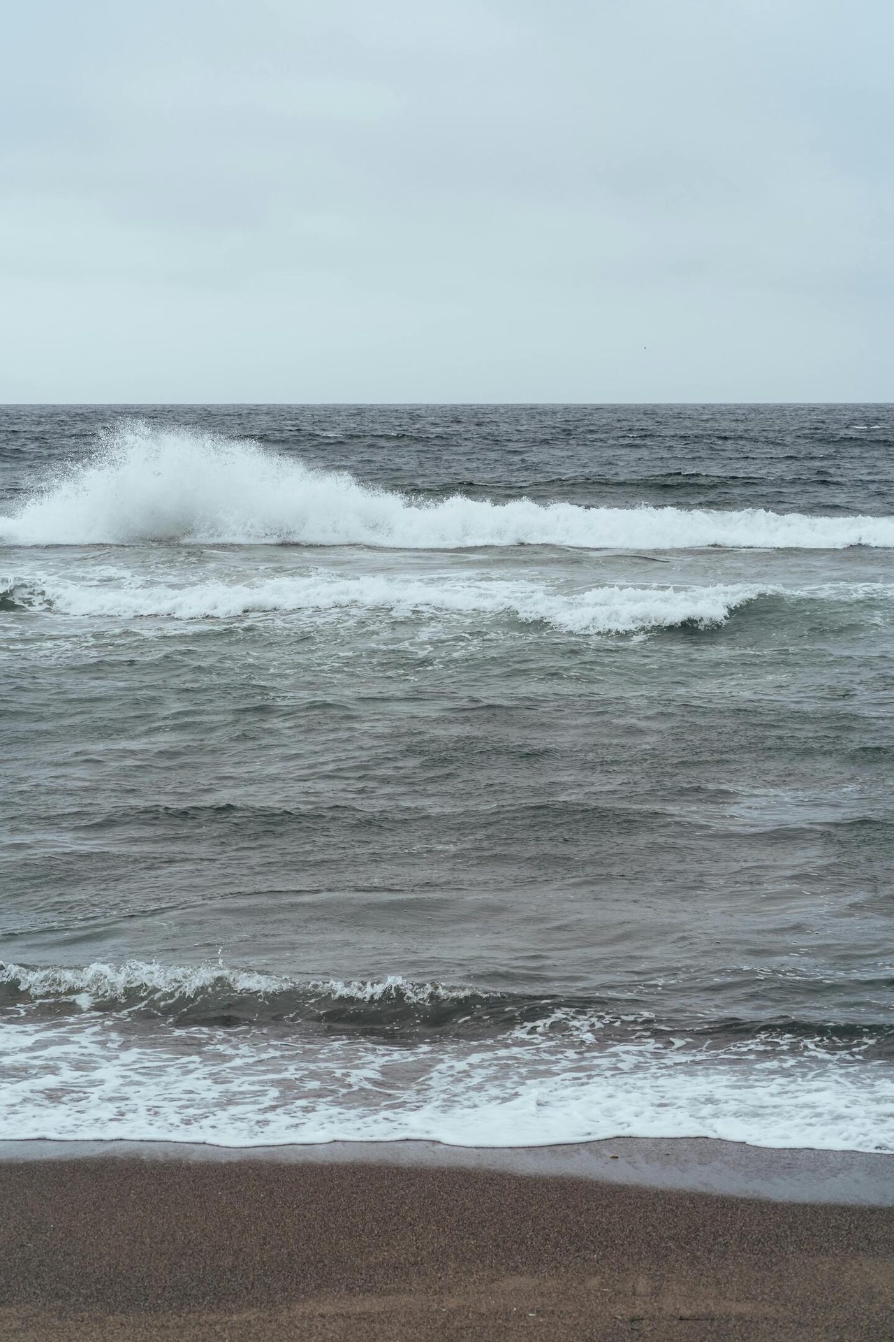 Ocean waves breaking on a dark sandy beach under a cloudy, grey sky.