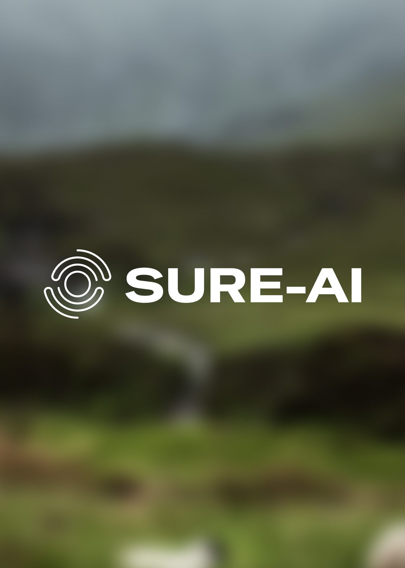 White "SURE-AI" logo and text over a blurred green and grey natural landscape.