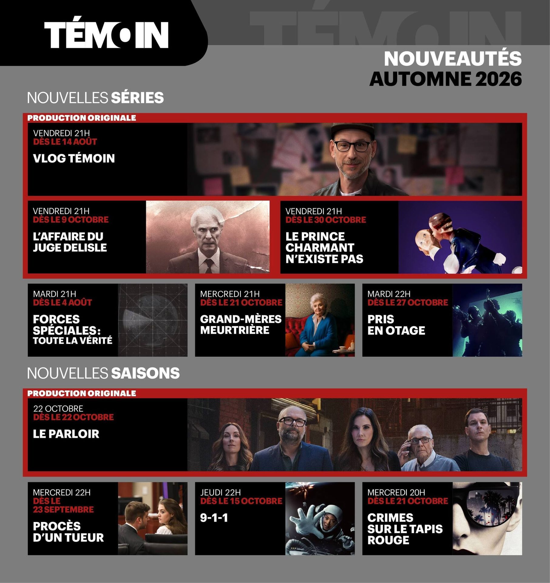A TV schedule for Témoin's new series and seasons for Autumn 2026, featuring various show titles.
