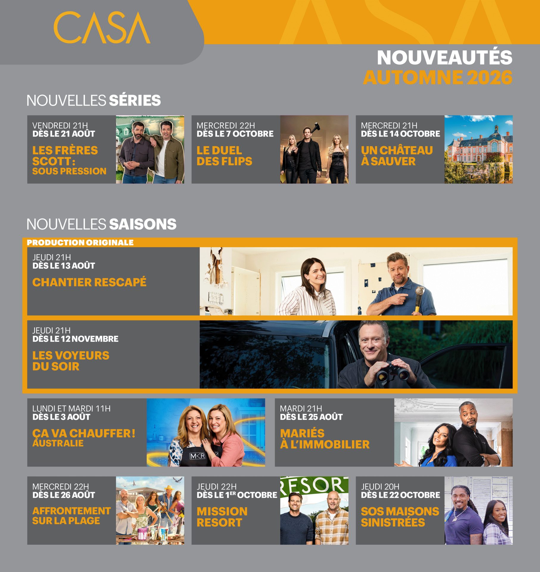 Advertisement for CASA channel's Autumn 2026 new series and seasons, featuring reality, renovation, and lifestyle shows.