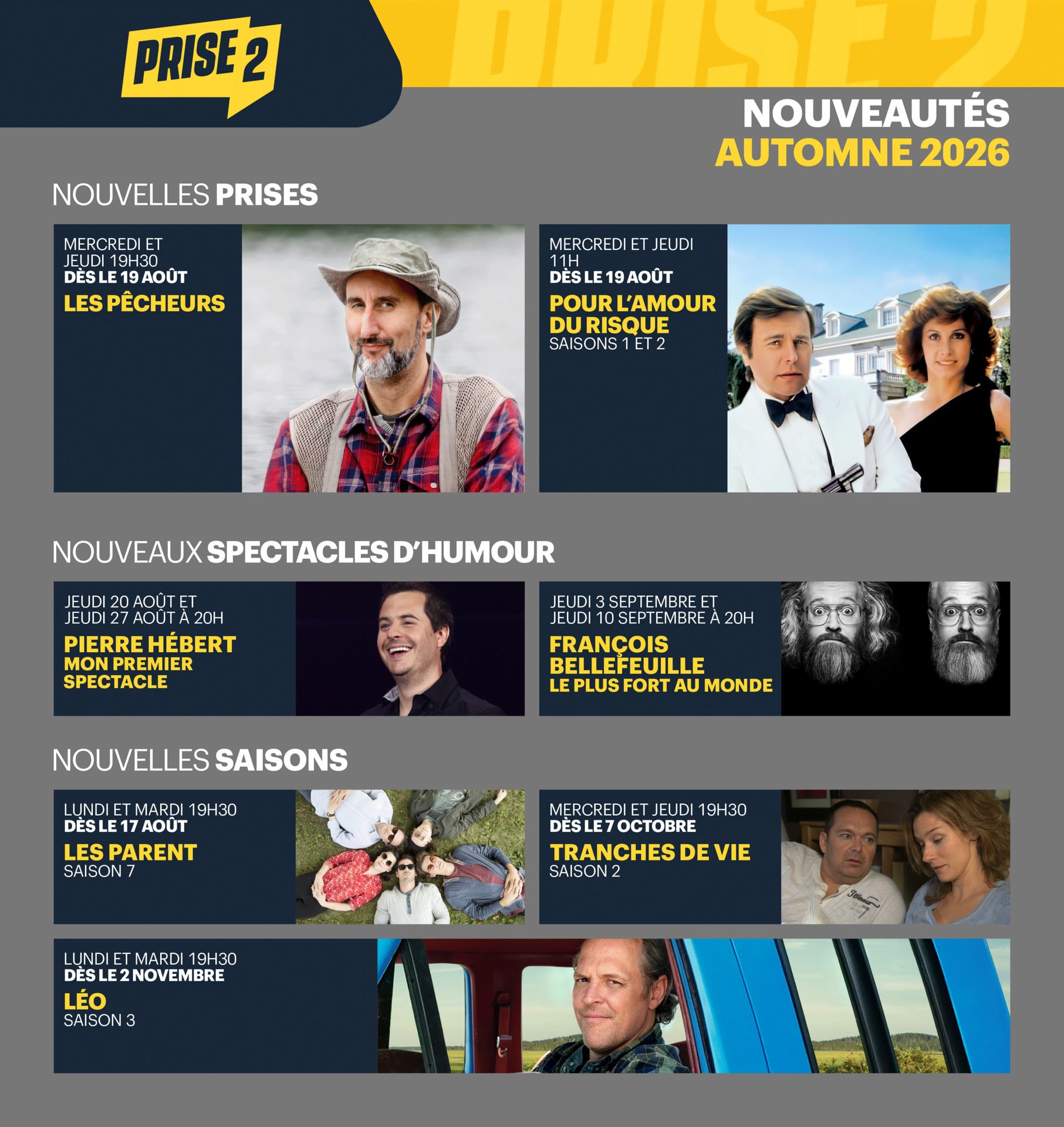 A schedule of new shows and seasons for Prise 2 Autumn 2026, featuring various series and comedy specials.