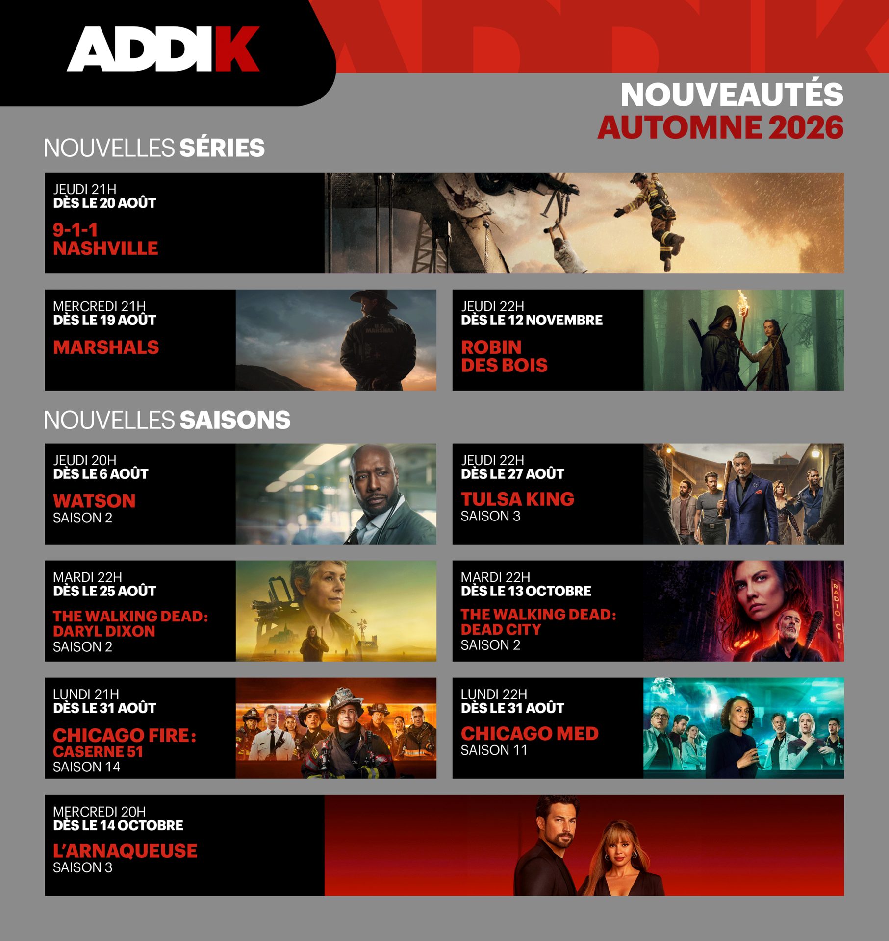ADDIK's Fall 2026 TV schedule featuring new series like 9-1-1 Nashville and returning seasons.
