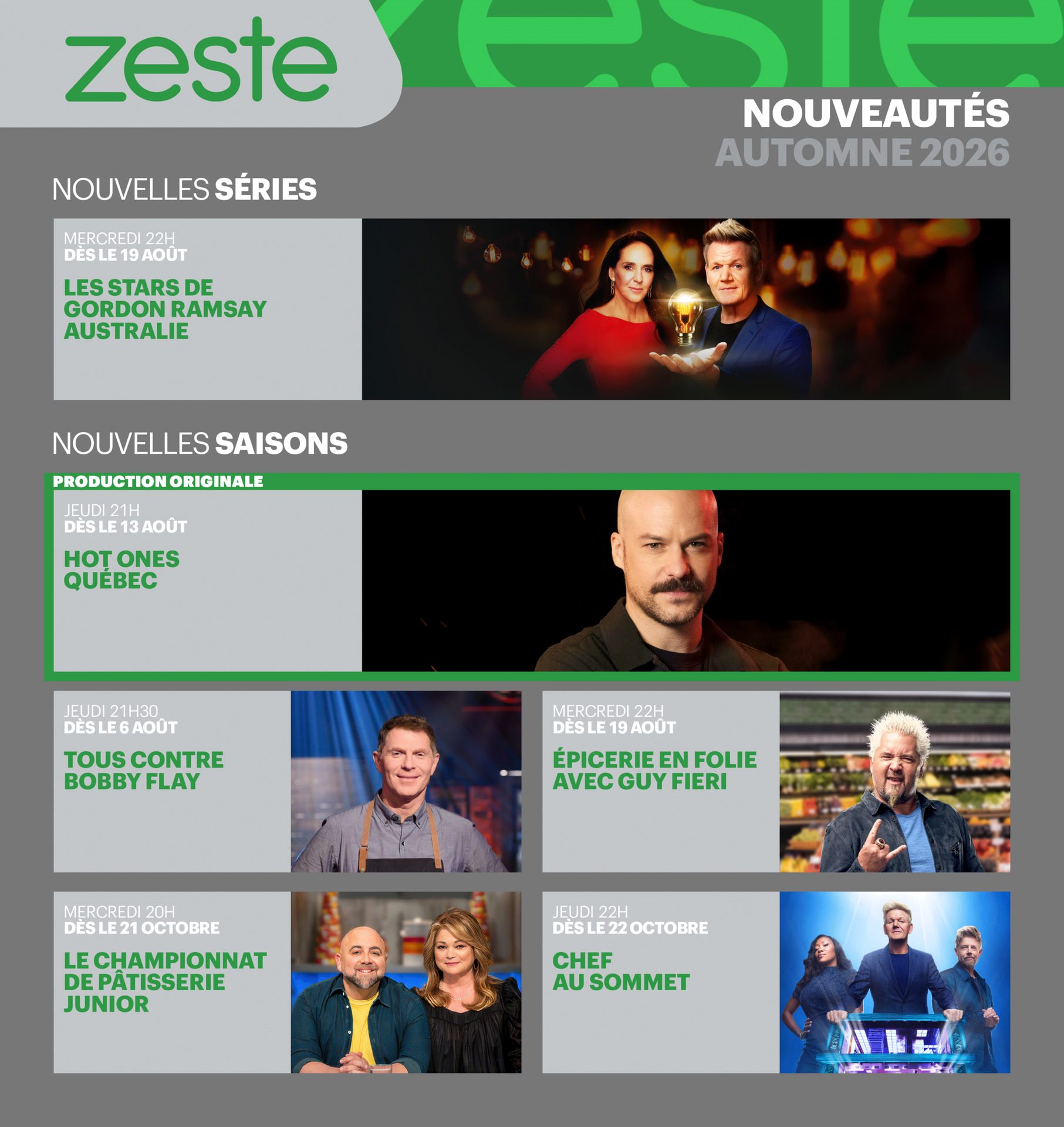 Zeste TV Fall 2026 new series and seasons featuring chefs like Gordon Ramsay, Guy Fieri, and Bobby Flay.