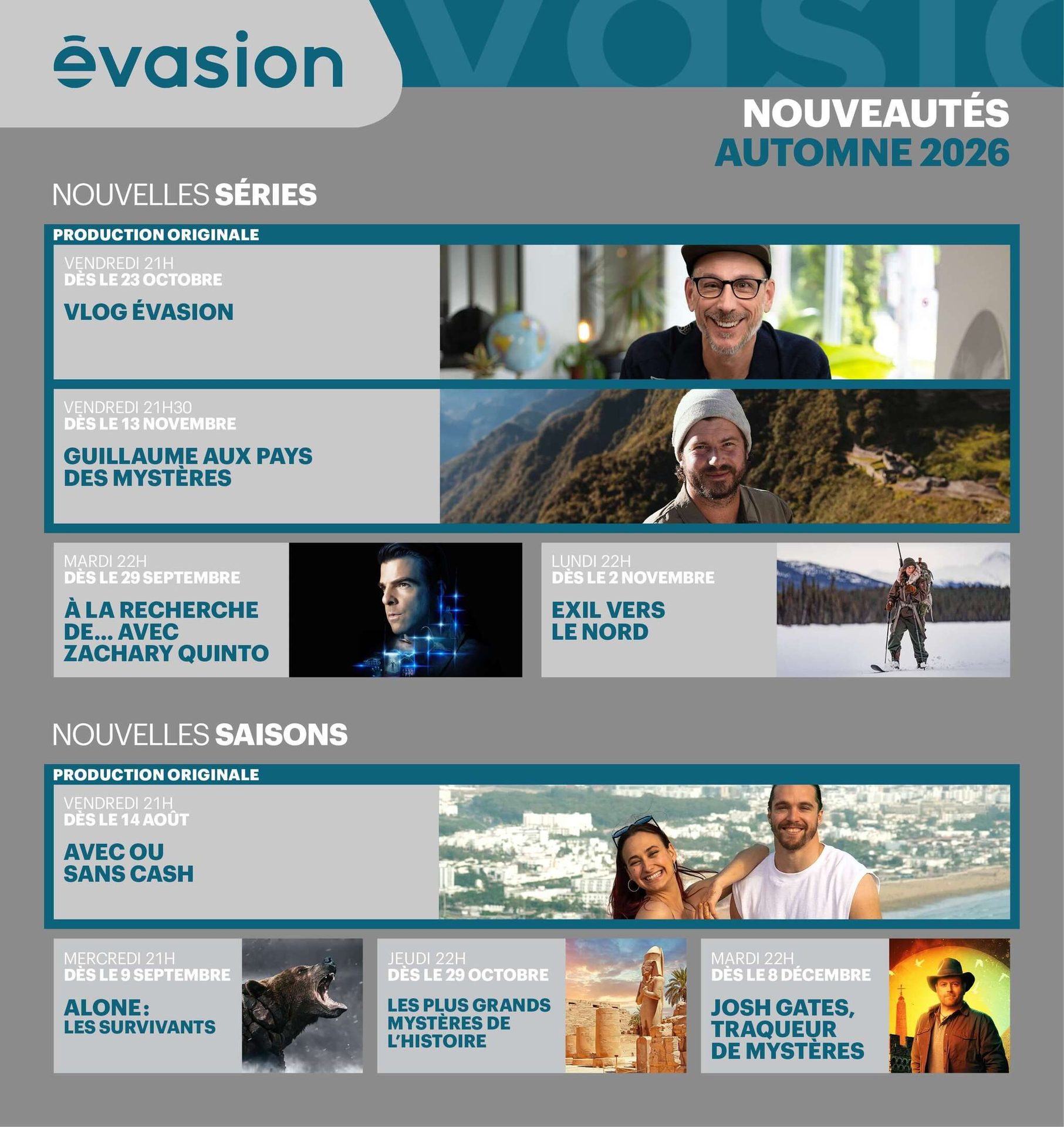 Évasion Autumn 2026 TV schedule featuring new series and seasons for adventure and mystery shows.