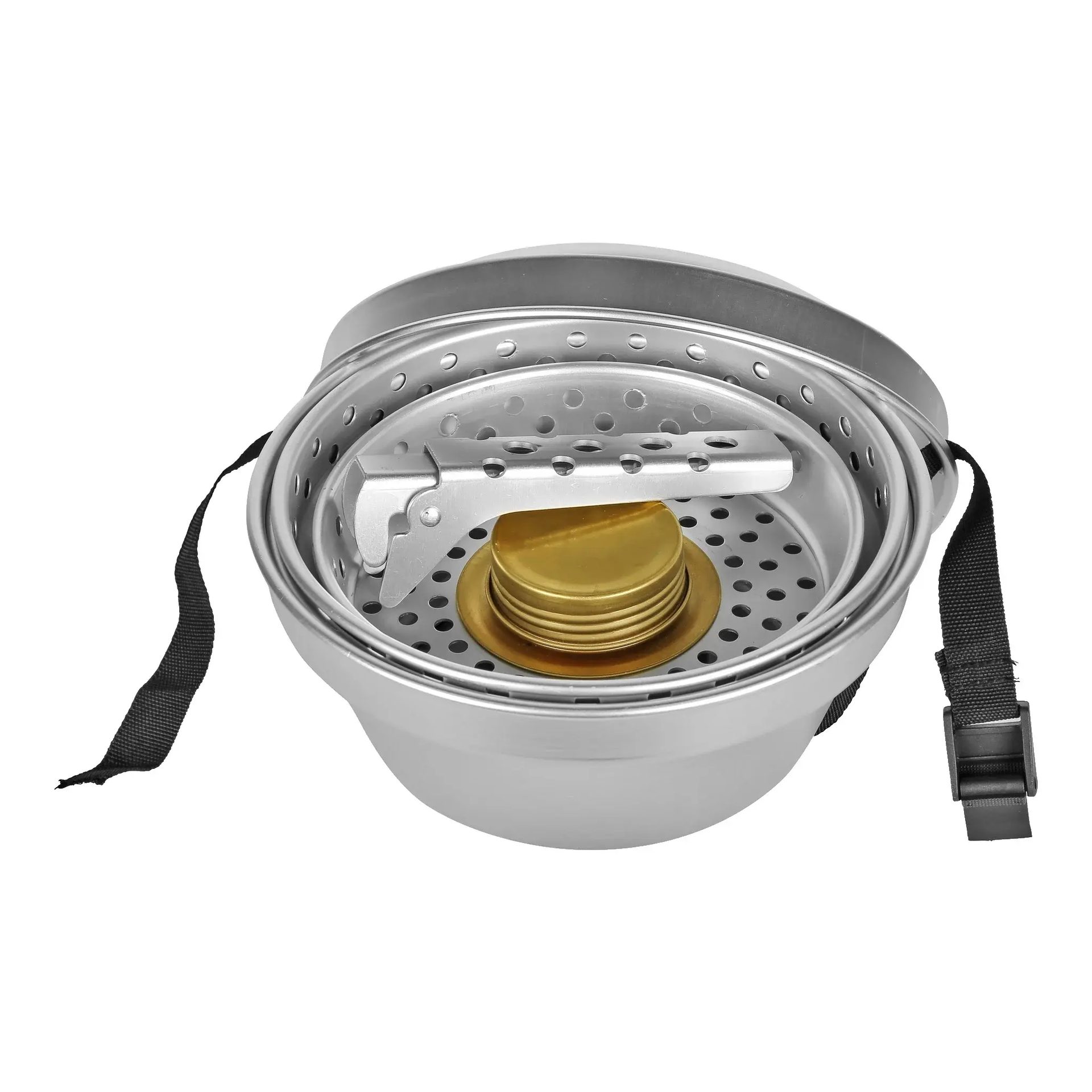 Nested silver metal camping alcohol stove kit with a gold burner, pot stand, and black strap.