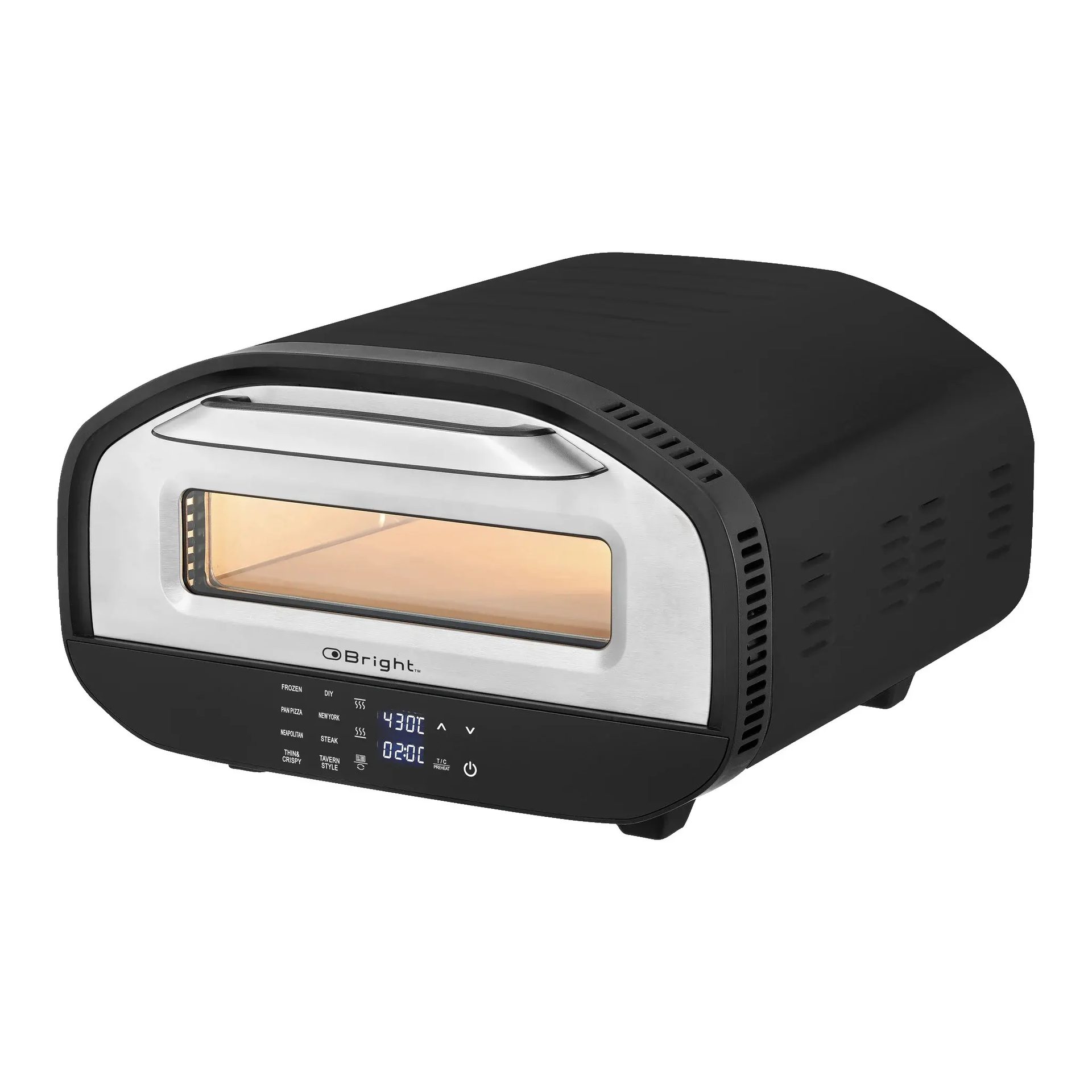 Black and silver Bright pizza oven with digital display showing 430C, 02:00, and pizza presets.