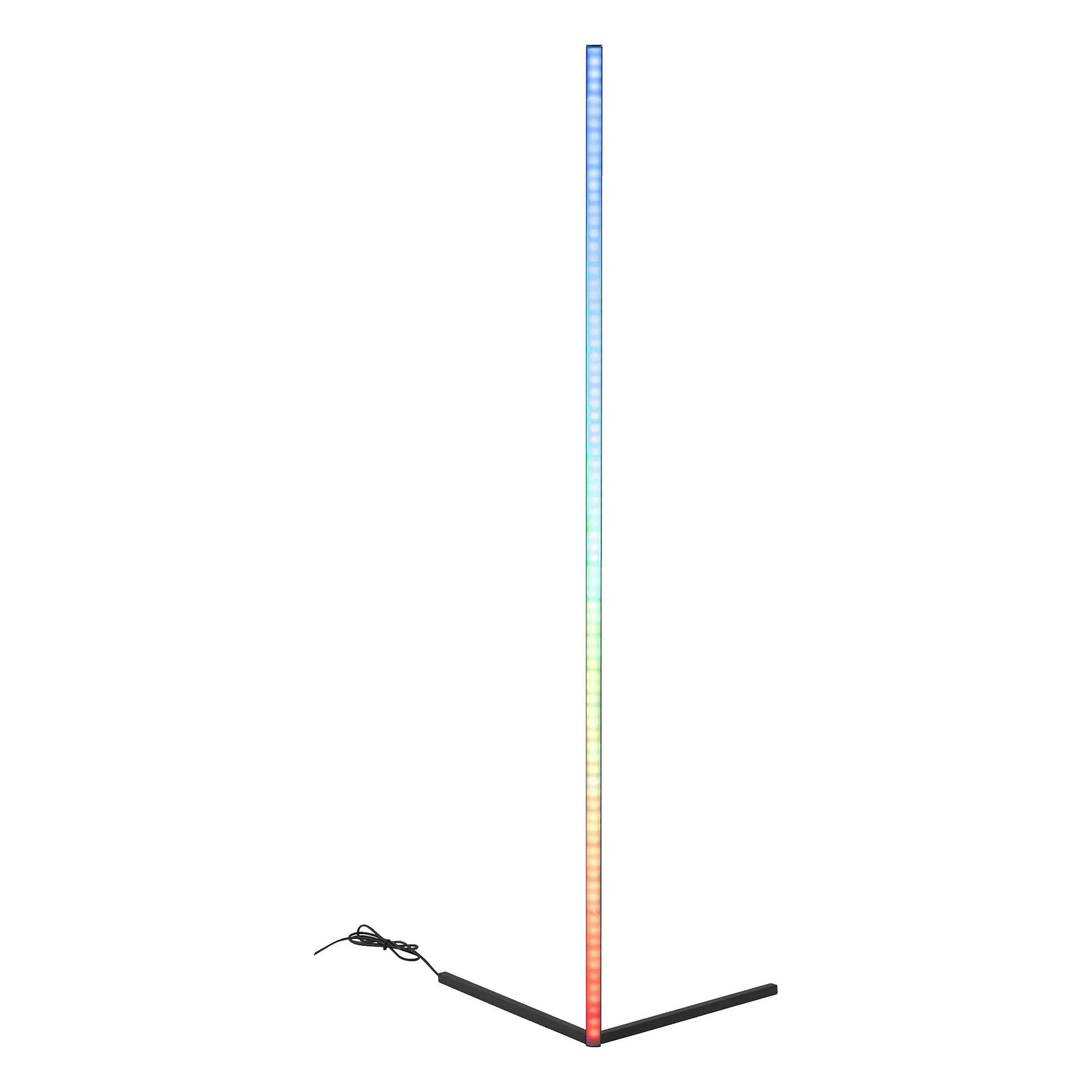 Modern corner floor lamp with vertical LED strip displaying rainbow gradient colors, on a black L-shaped base.