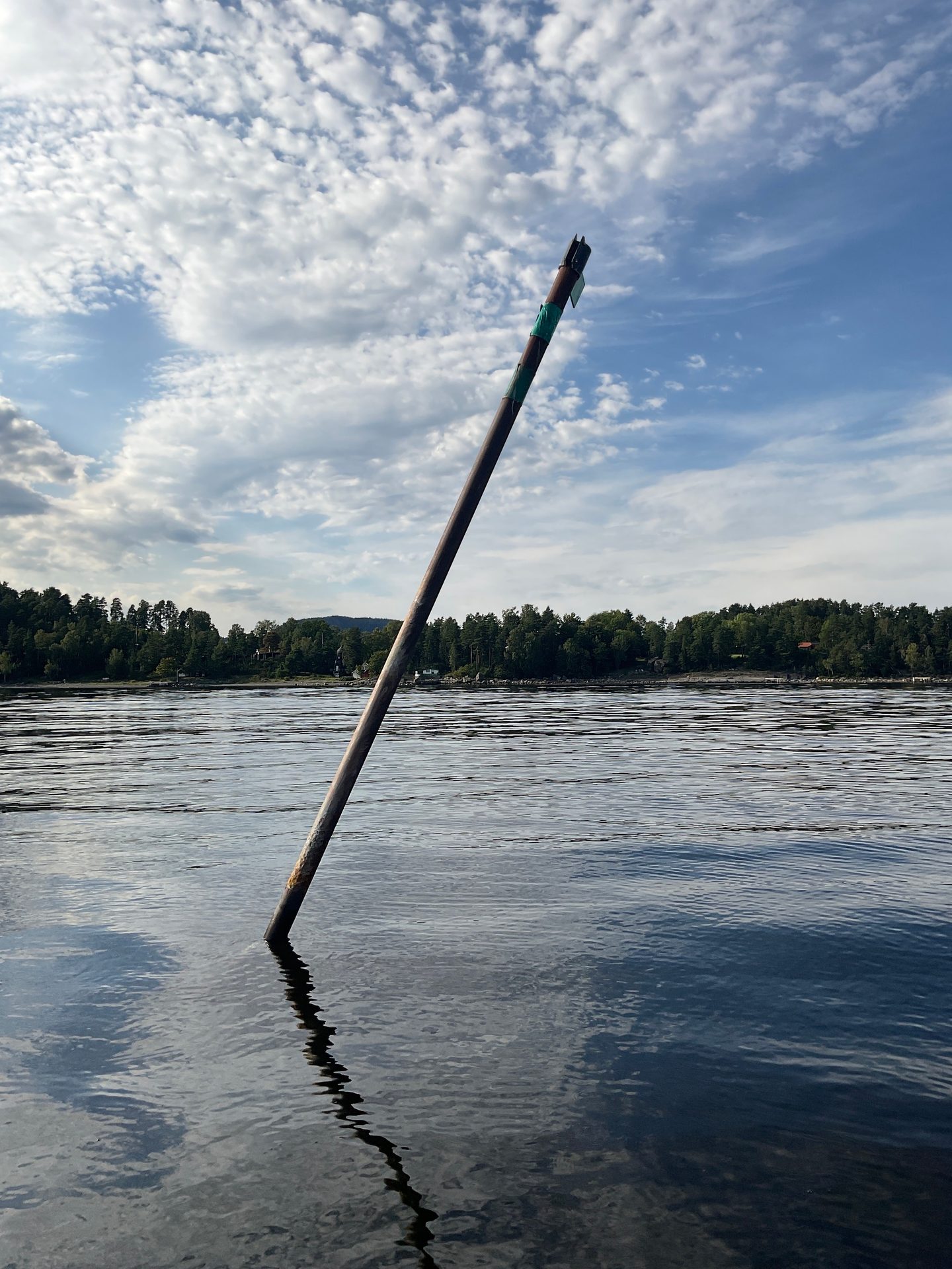 Tall pole in rippling water with tree-lined shore and cloudy sky.