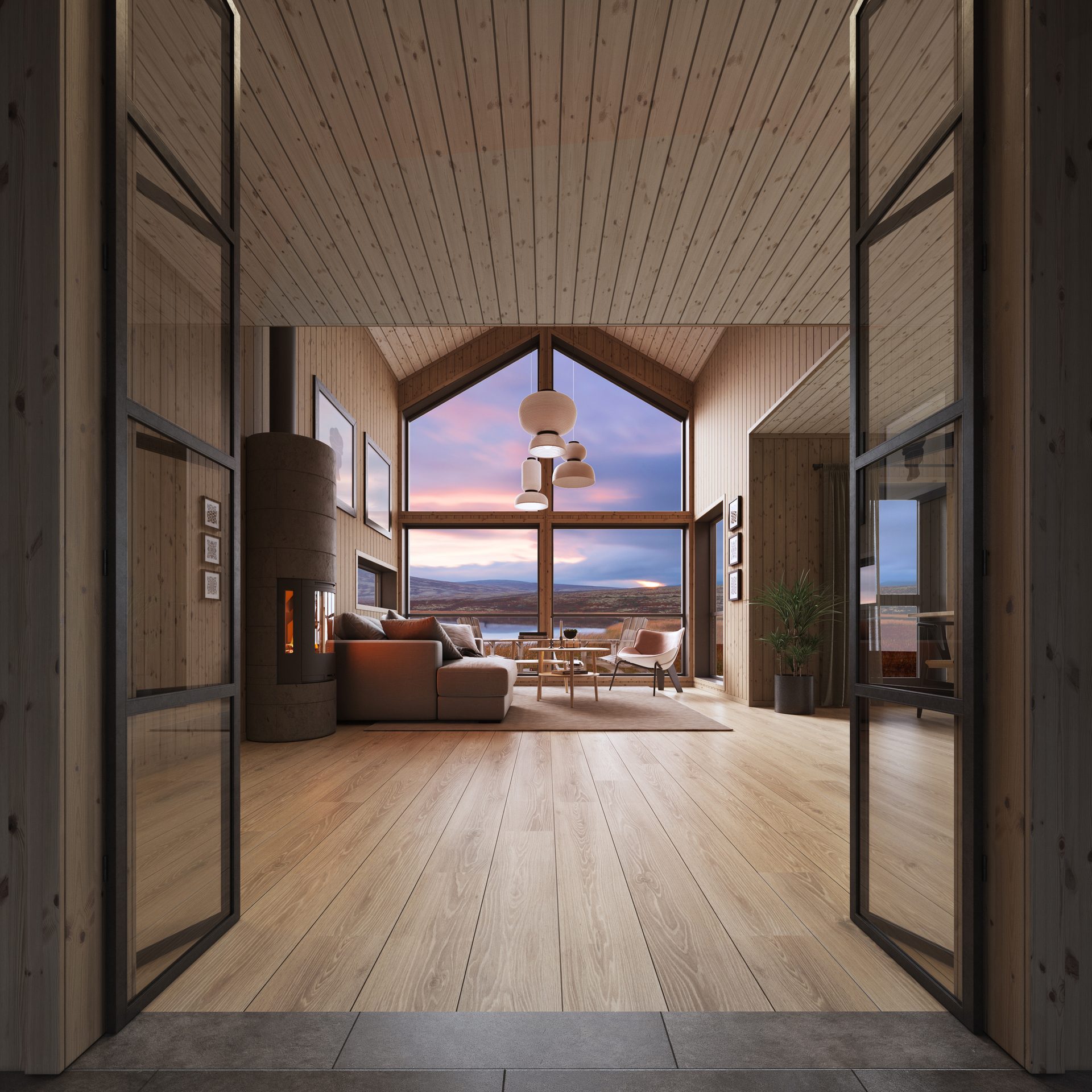 Modern wooden cabin interior with large windows showcasing a mountain and lake view at sunset.