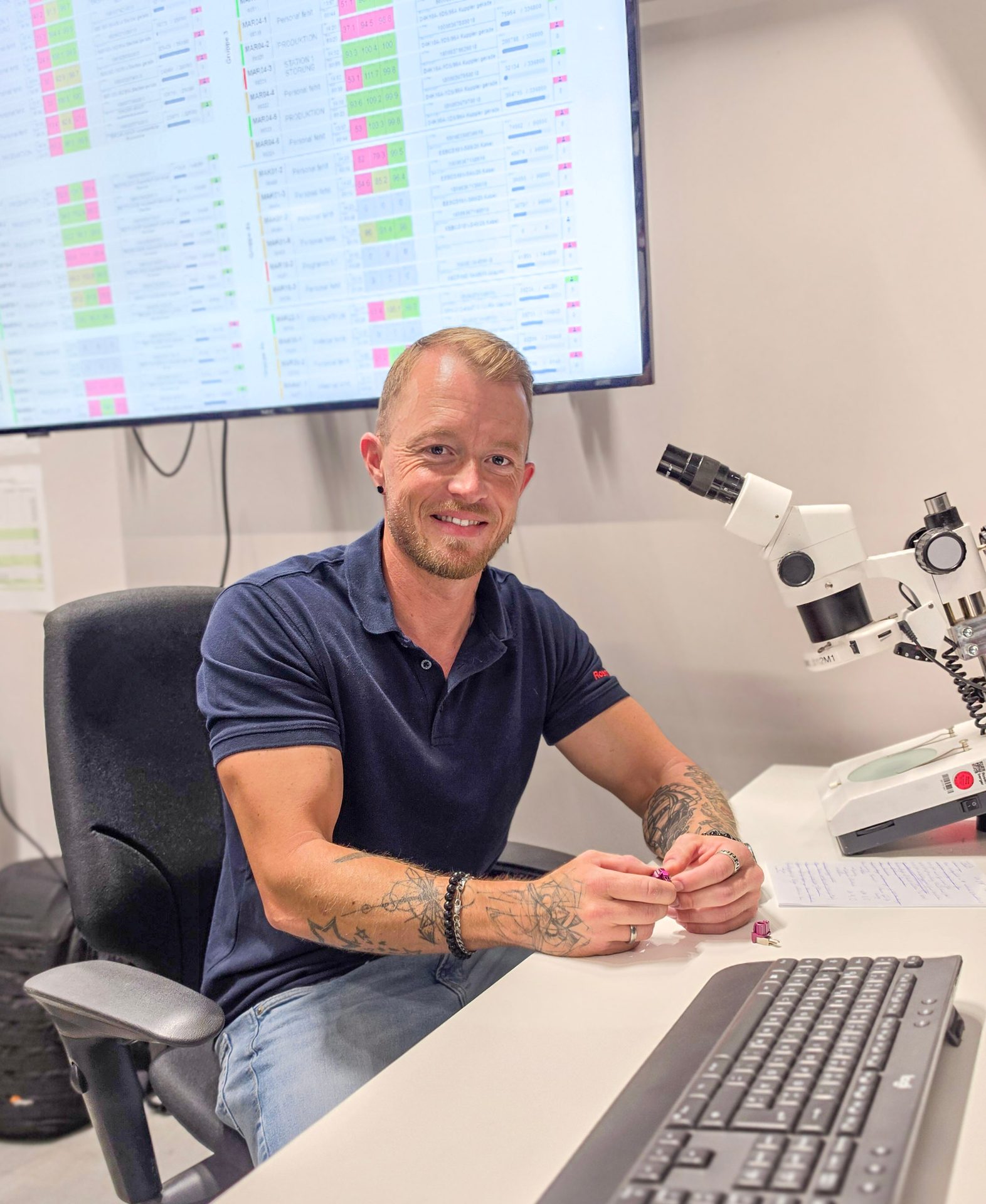 Man smiling at a desk with a microscope and a large data screen in the background.