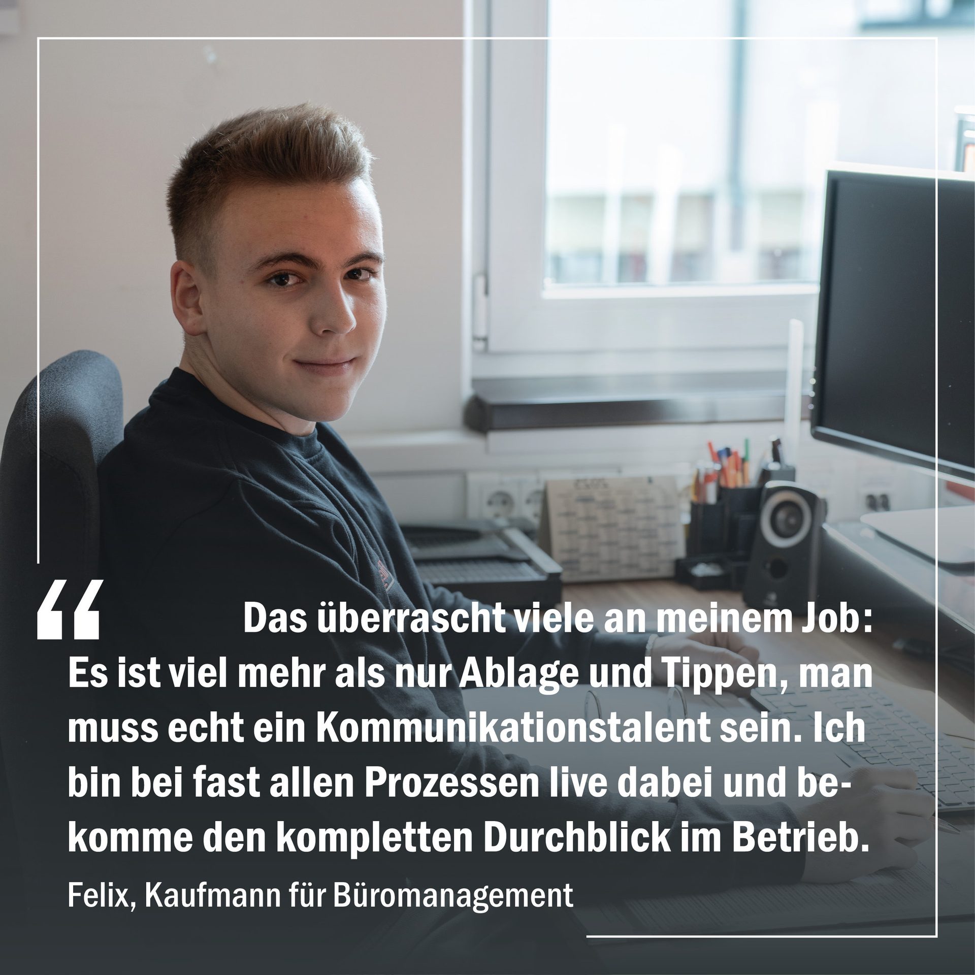 Felix, an office clerk, highlights his job requires communication skills and gives a complete business overview.