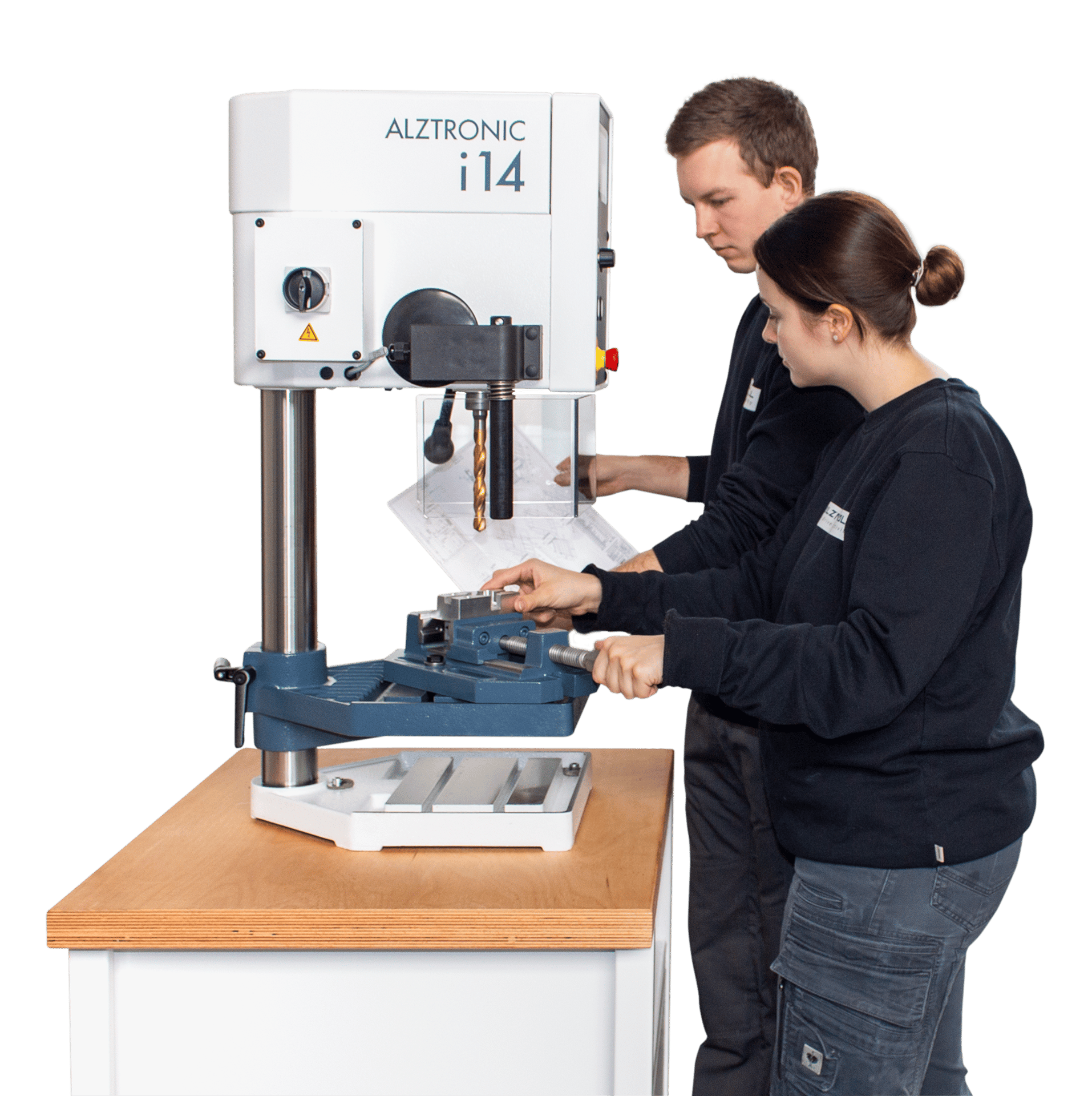 Two people working on an ALZTRONIC i14 drill press, one adjusting a vise with a workpiece.