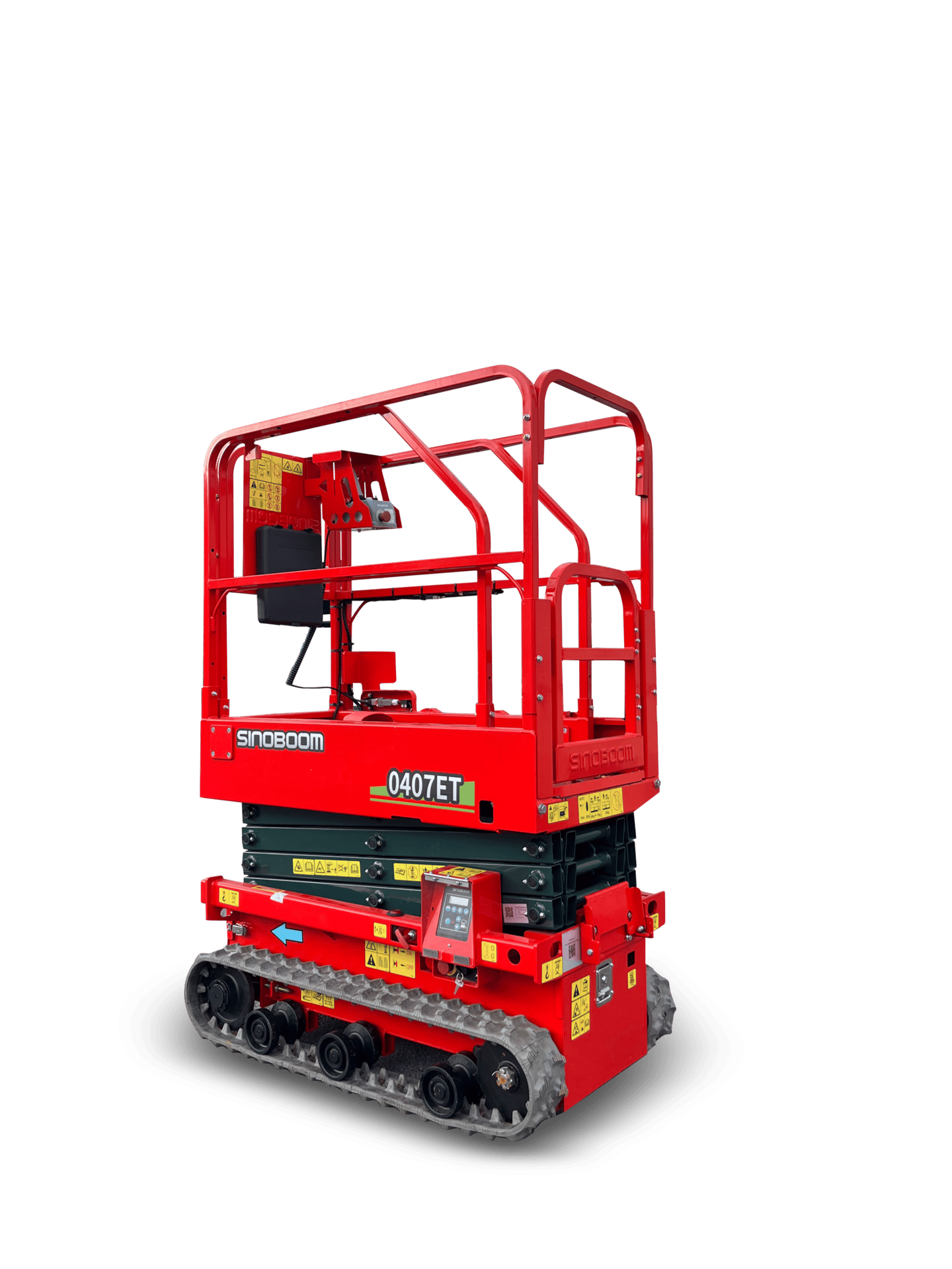 Red Sinoboom 0407ET tracked electric scissor lift, designed for elevated work with enhanced mobility.