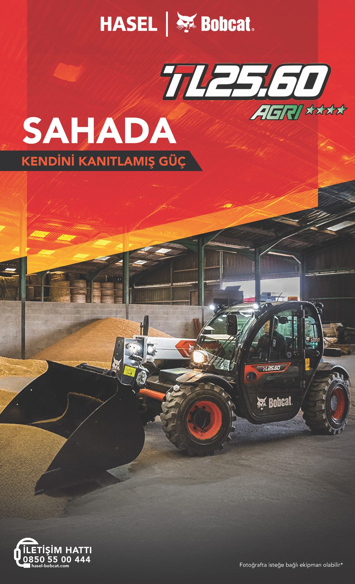 Bobcat TL25.60 telehandler moving grain in a barn, with text "Proven Power in the Field".