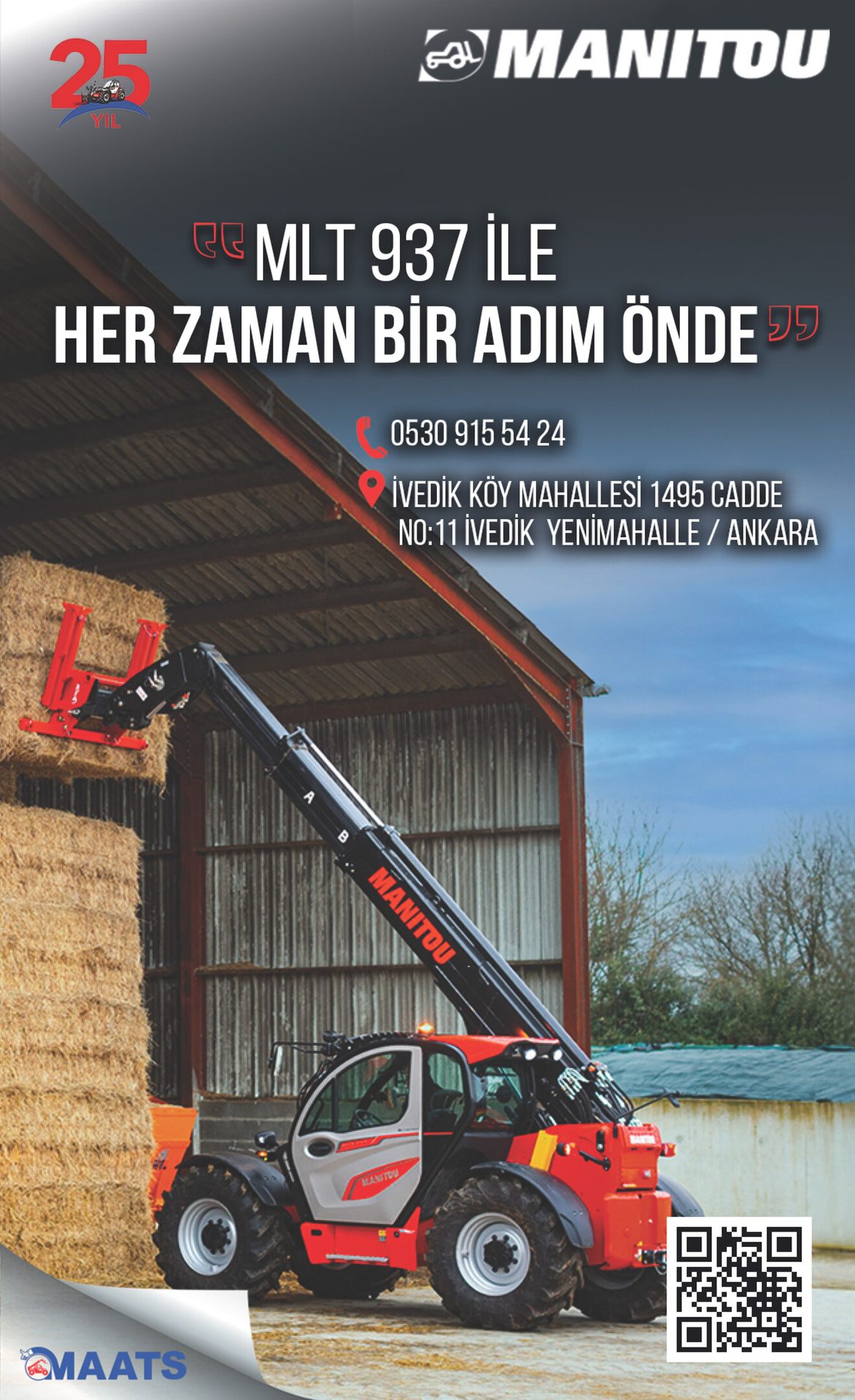 Red and grey Manitou MLT 937 telehandler lifting hay bales in a barn with promotional text and contact info.