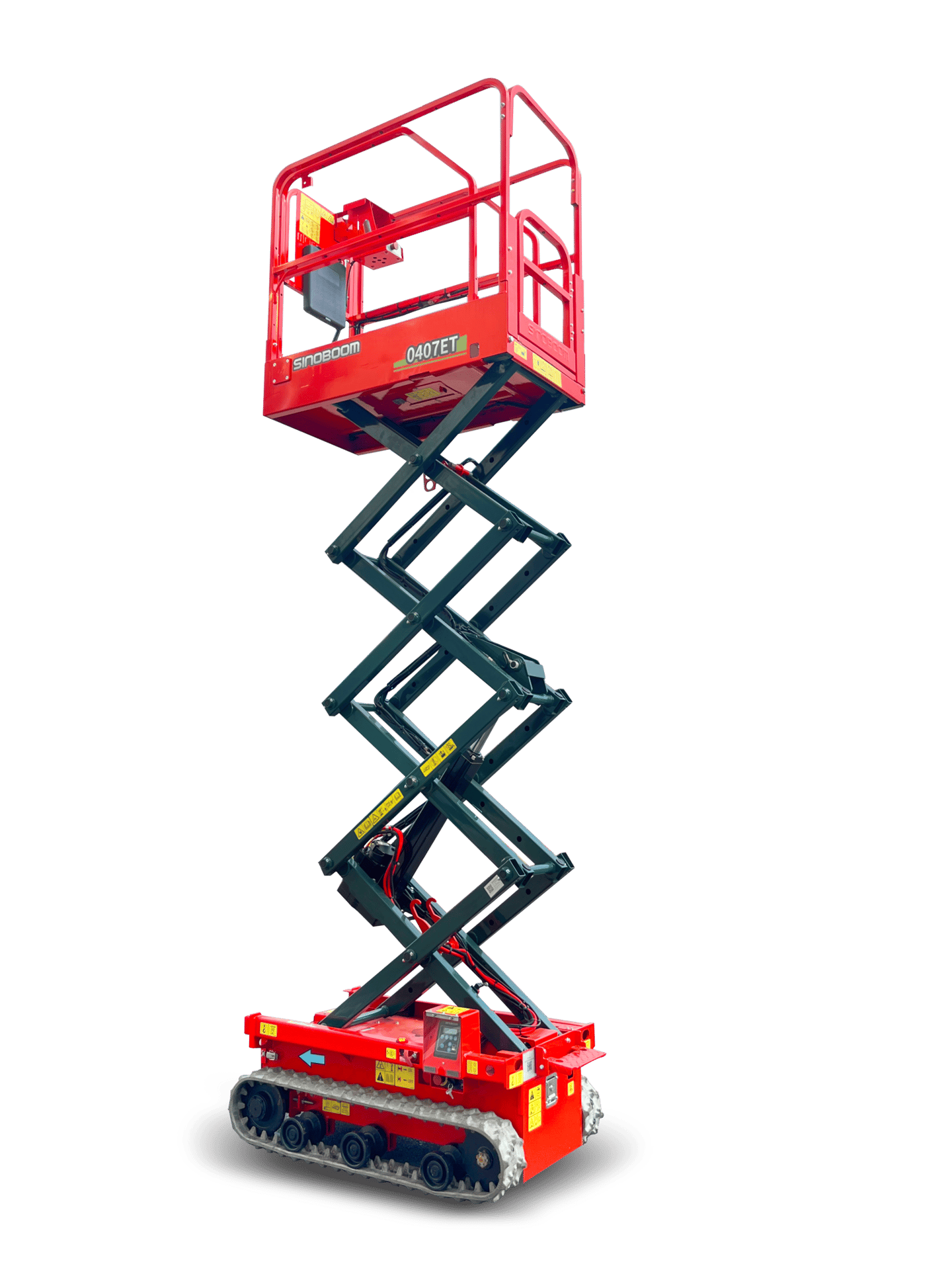 A red Sinoboom 0407ET tracked scissor lift with its platform extended, ready for elevated work.