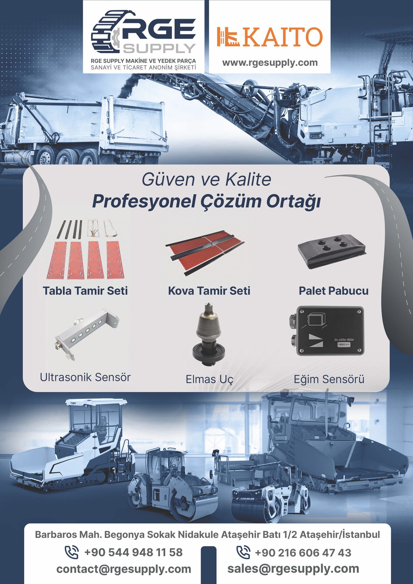 RGE Supply and Kaito showcase construction equipment parts like sensors, repair sets, and track shoes.