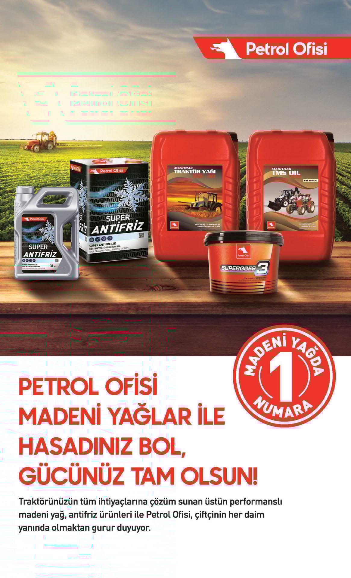 Petrol Ofisi ad for agricultural lubricants and antifreeze, featuring products and tractors in a field.