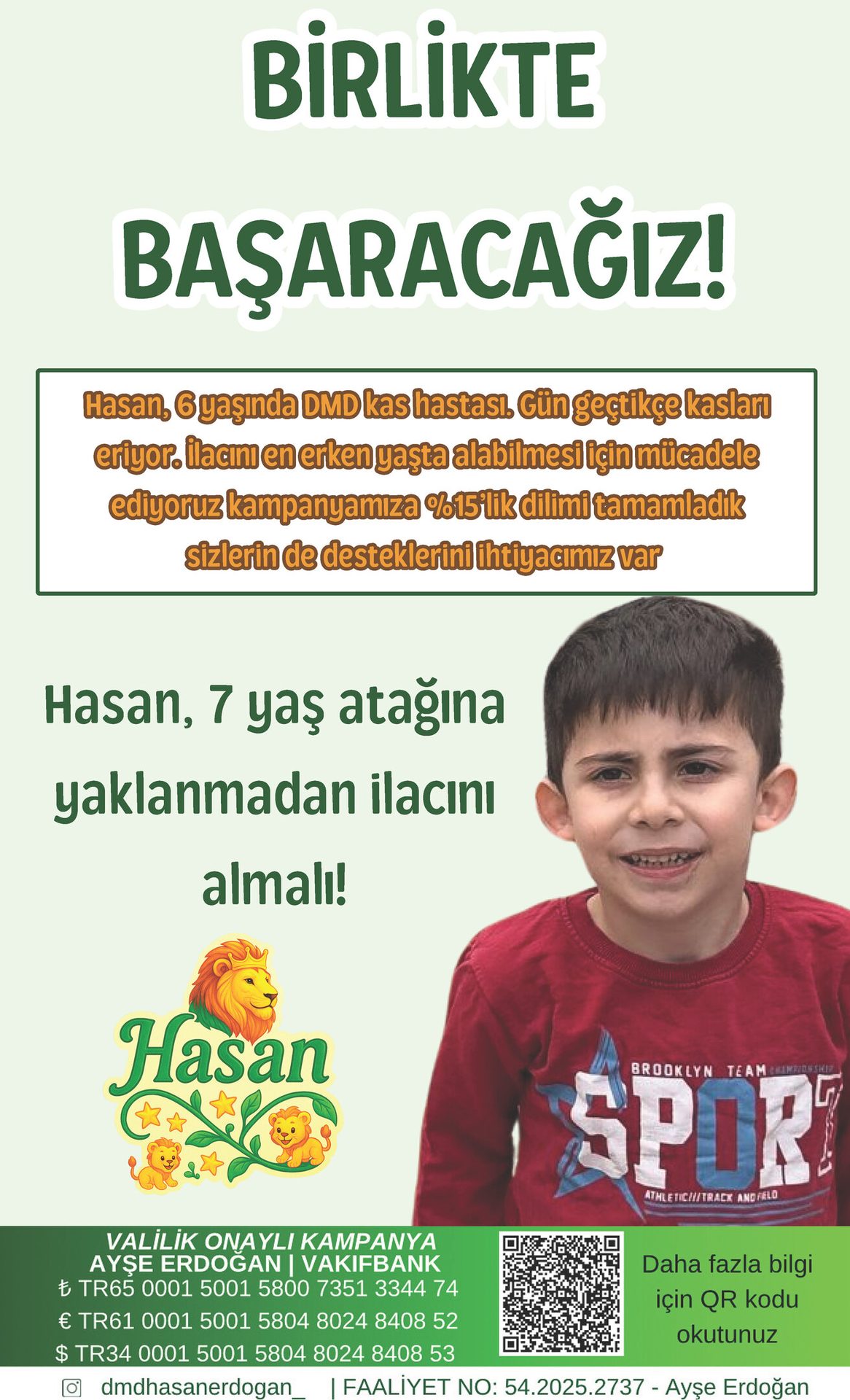Poster: Fundraising for Hasan, 6, with DMD, needing urgent medication before age 7. Bank details included.