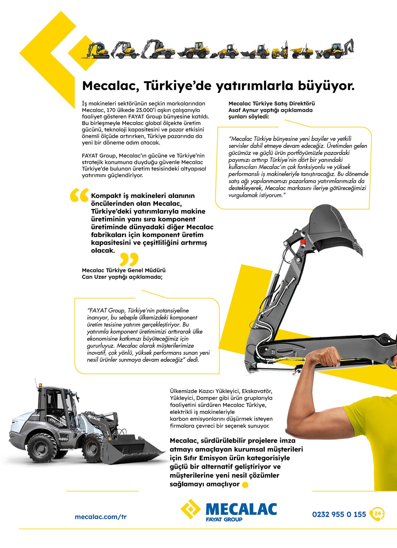 Mecalac ad: construction machinery, investment, and growth in Turkey, with company logo and contact.