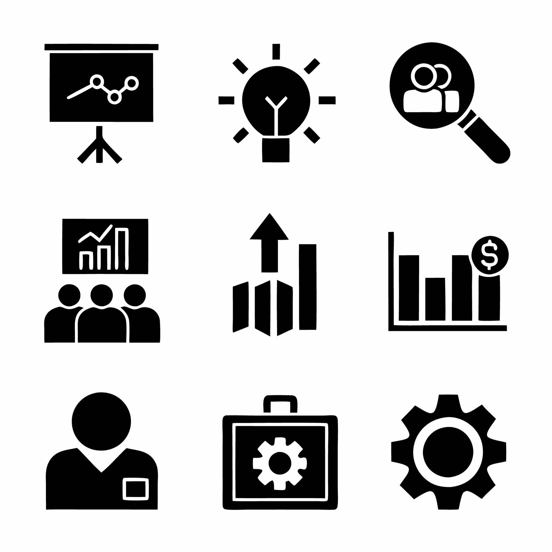 A grid of 9 icons representing business, finance, teamwork, ideas, growth, and settings.