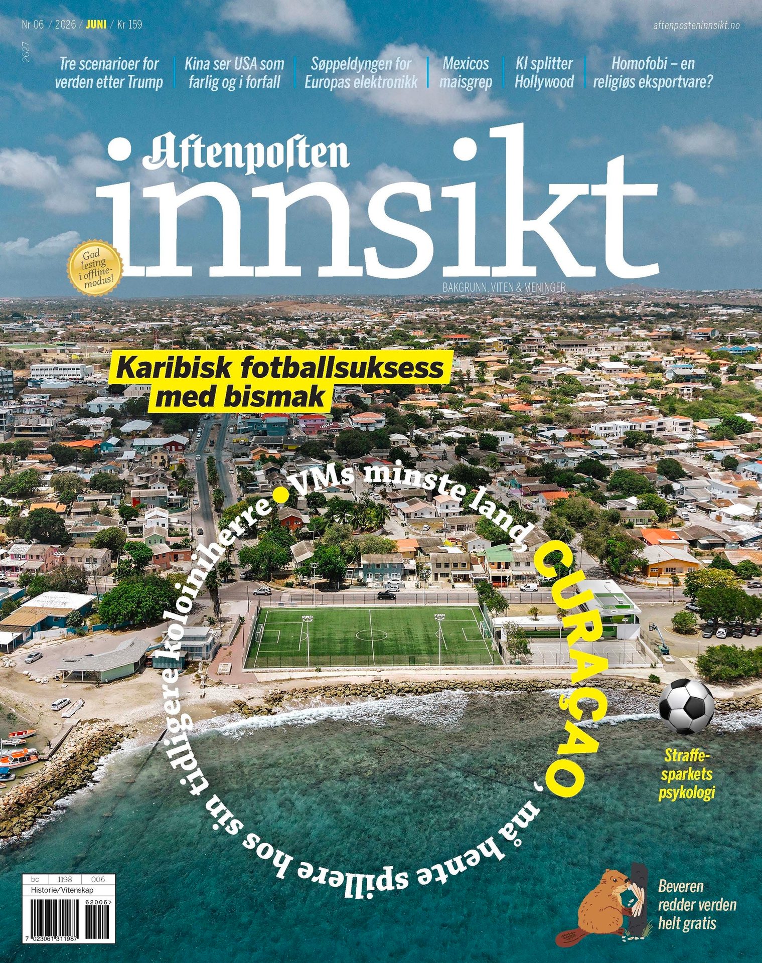 Magazine cover with aerial view of coastal town, football field. Headline: Caribbean football success with a sting.