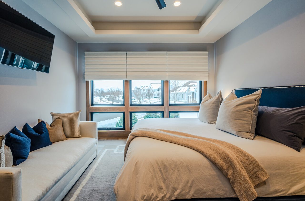 Furniture, Property, Blue, Building, Comfort, Window, Azure, Wood, Shade, Textile